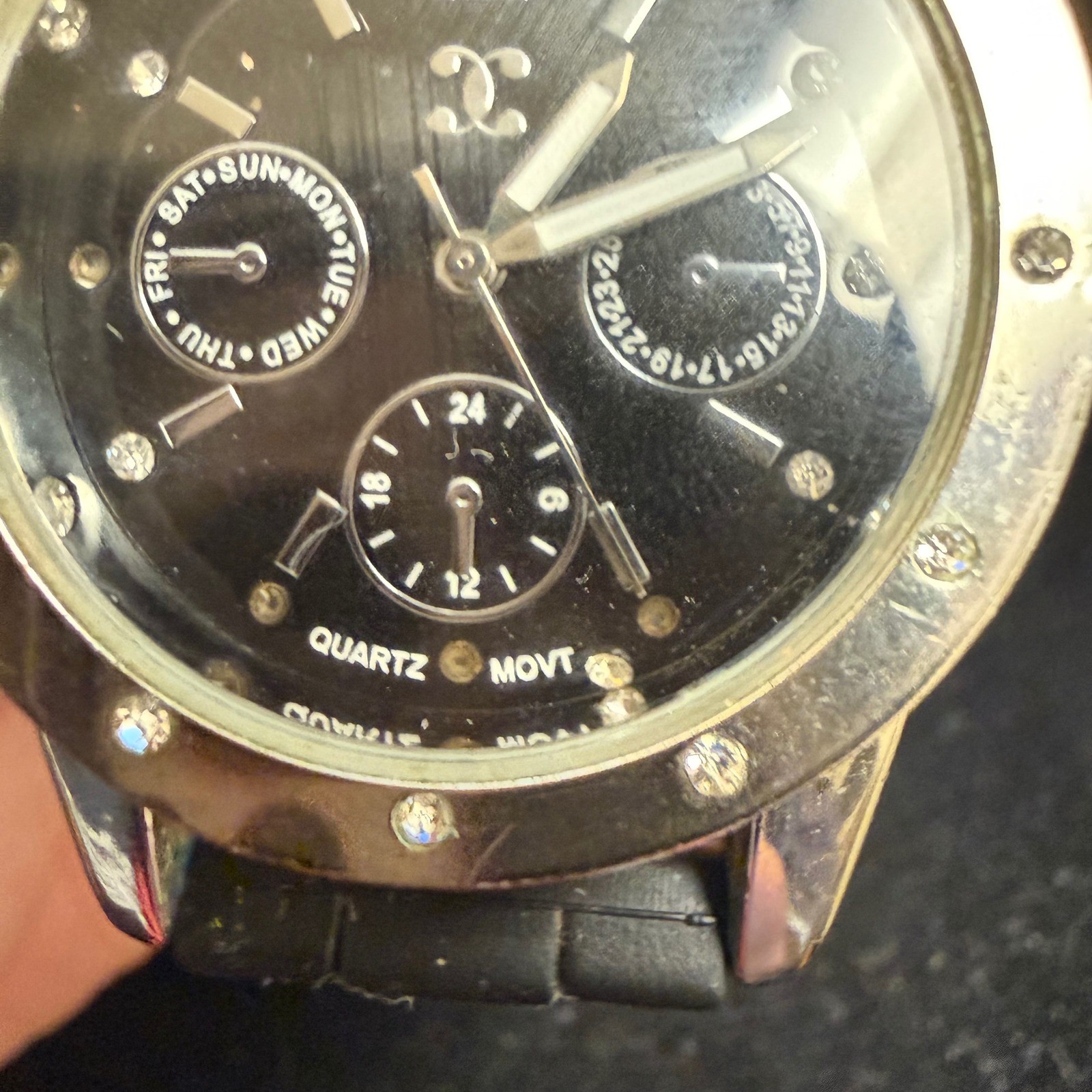 Quartz Multi-Function Watch Black Dial Crystal Bezel Black Rubber Strap No. 2201
