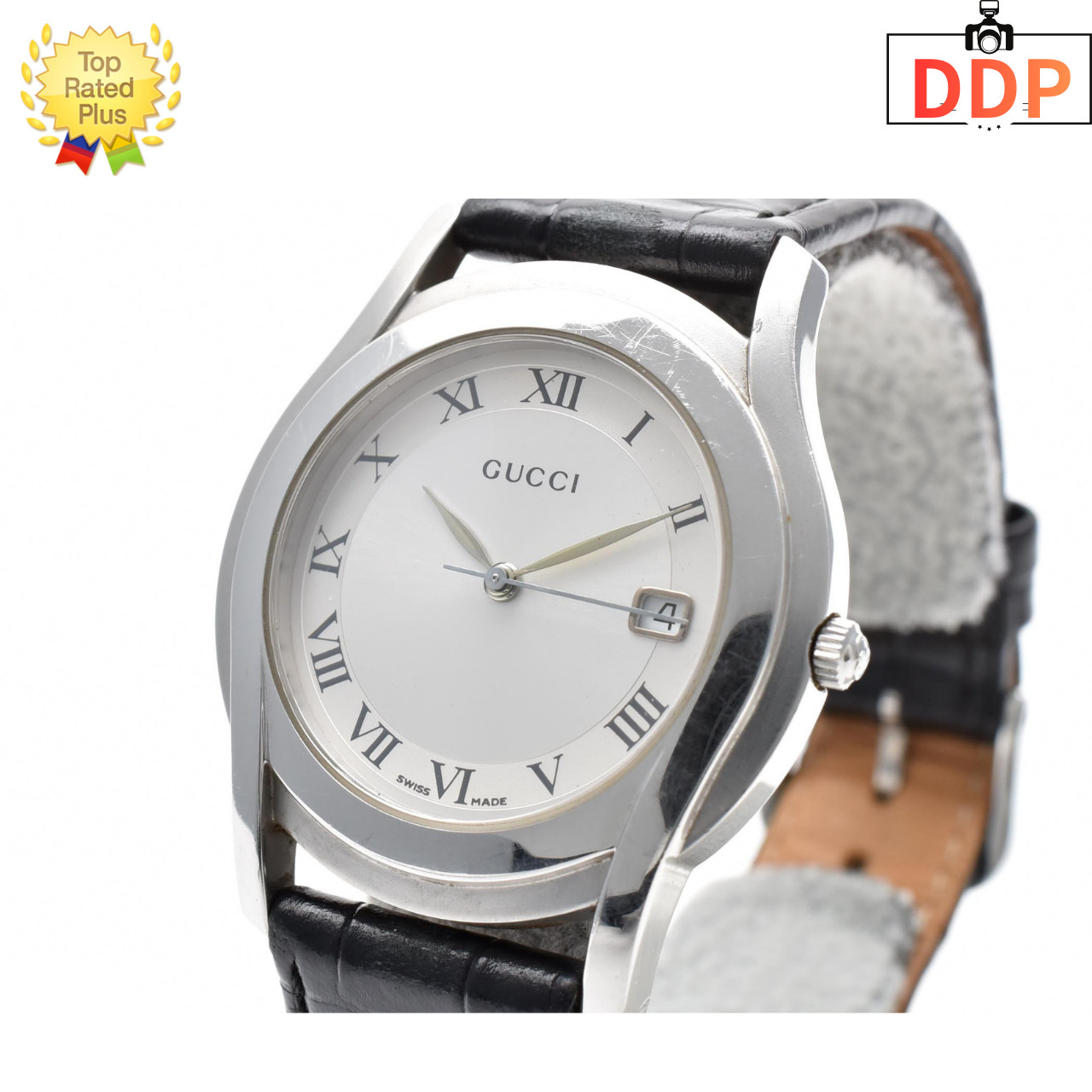 [Excellent+5] GUCCI 5500M Silver Roman Dial Date 35mm Quartz Men’s Watch JAPAN
