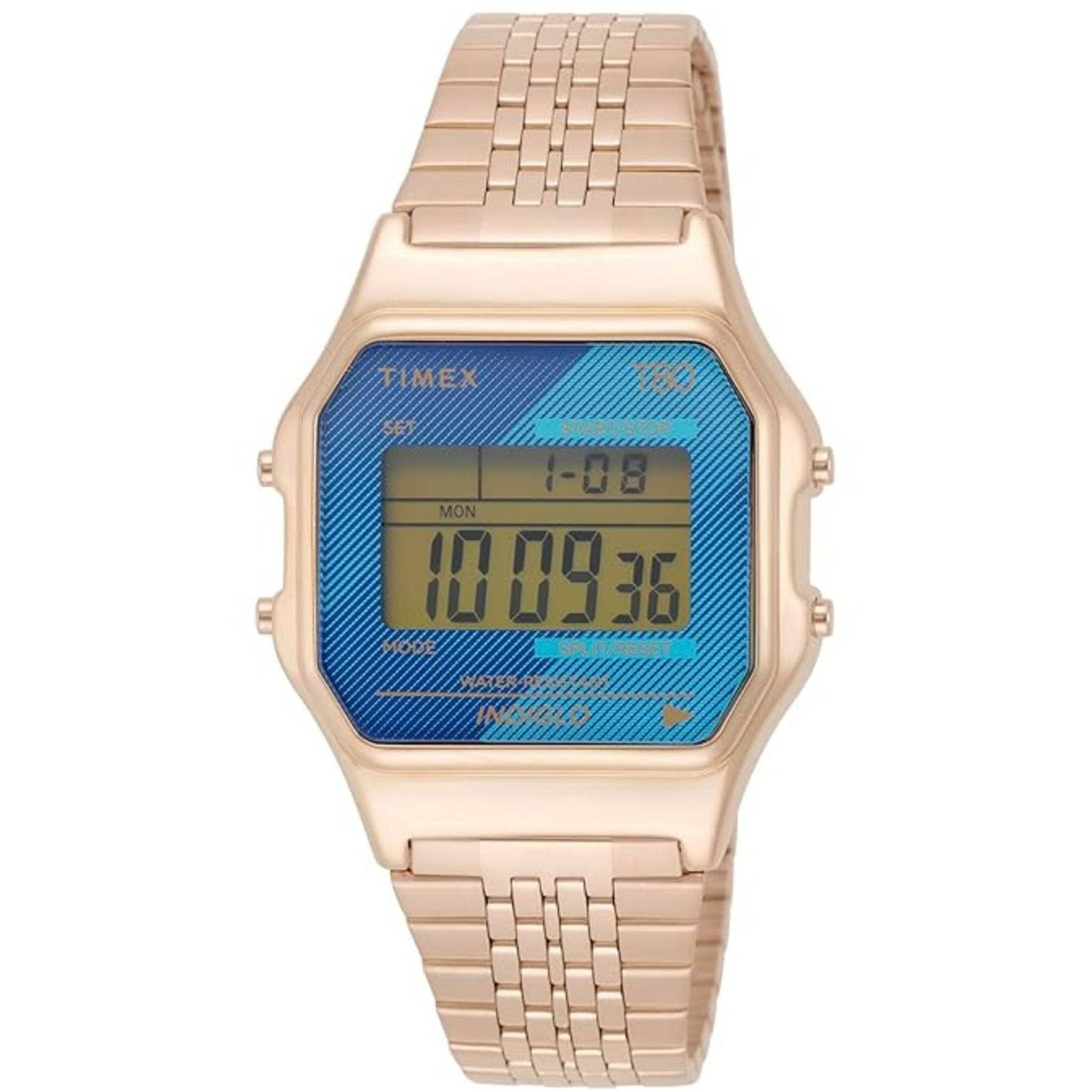 Timex Unisex Watch T80 Alarm Digital Dial Rose Gold Steel Bracelet TW2V19600YB