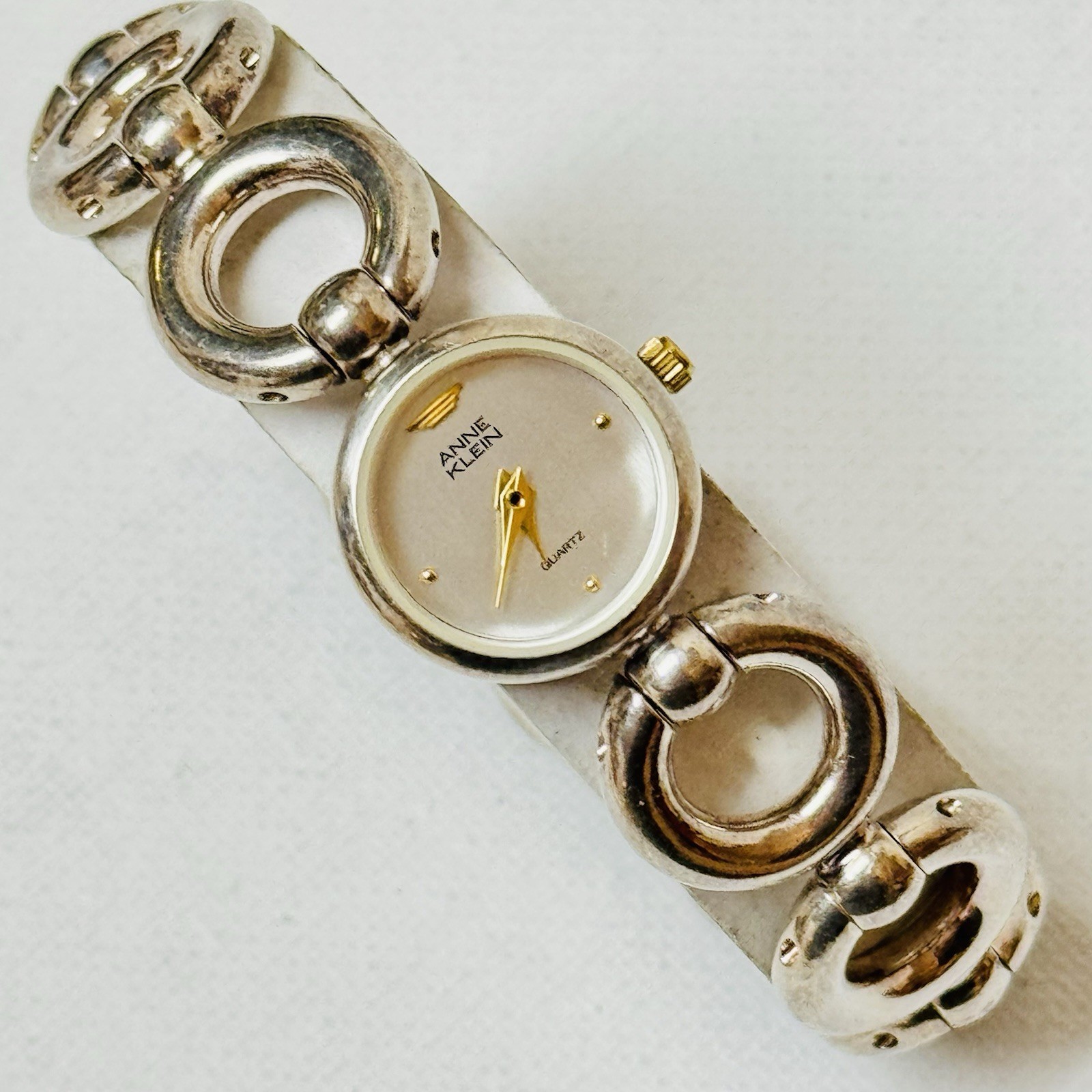 Vintage Anne Klein Women’s Circle Chain Link Dress Watch Silver Plated 11/7580-1