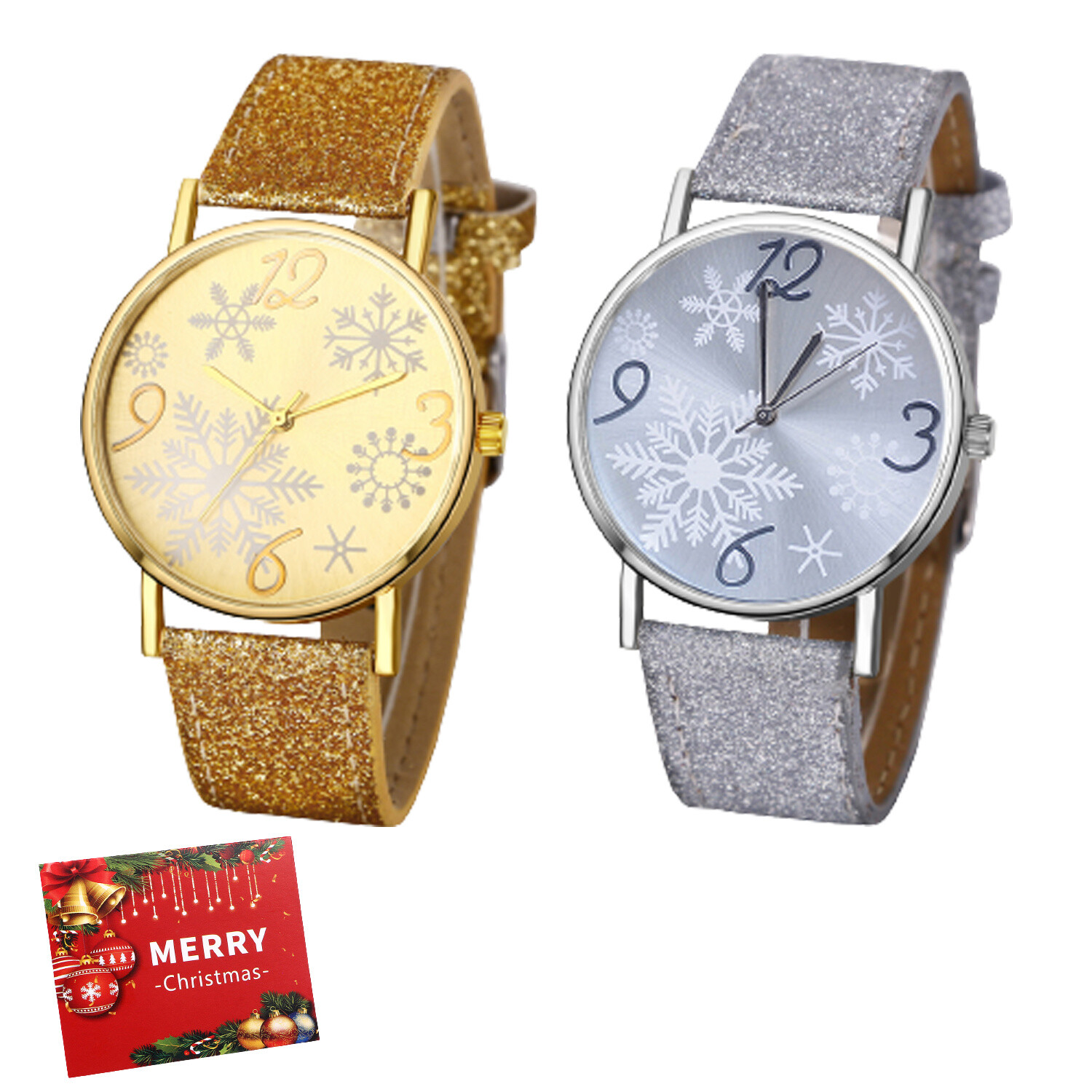 2Pcs Women Girls Snowflake Christmas Dial Round Leather Quartz Wrist Watch Gift