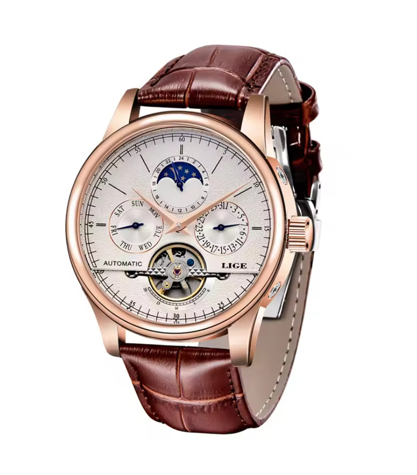 LIGE Tourbillon Elegant Leather Luxury Mechanical Automatic Men’s Watch