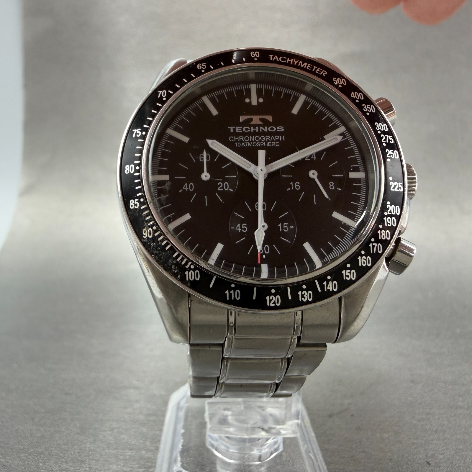 Technos Chronograph Watch Men 42mm Black Dial Silver Tone Round T4146 New Batt L