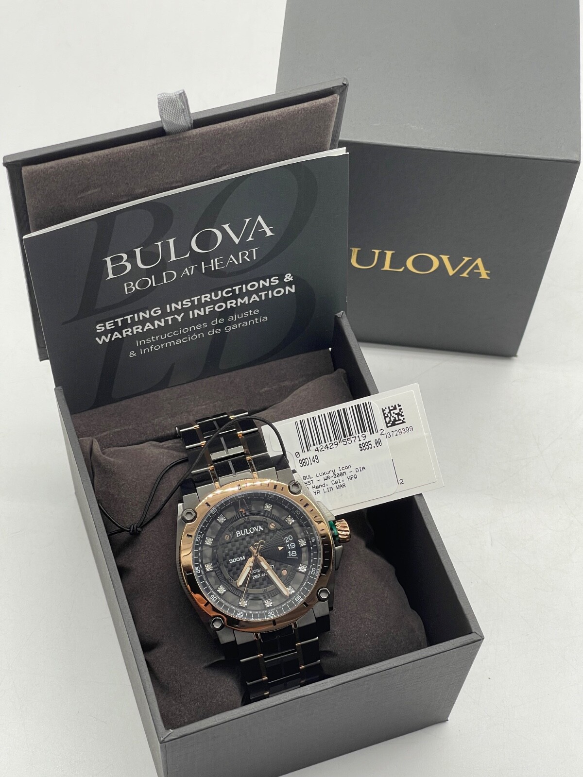 Bulova Precisionist Quartz Diamond Accent 2-Tone Black 46mm Watch 98D149 ROSE G