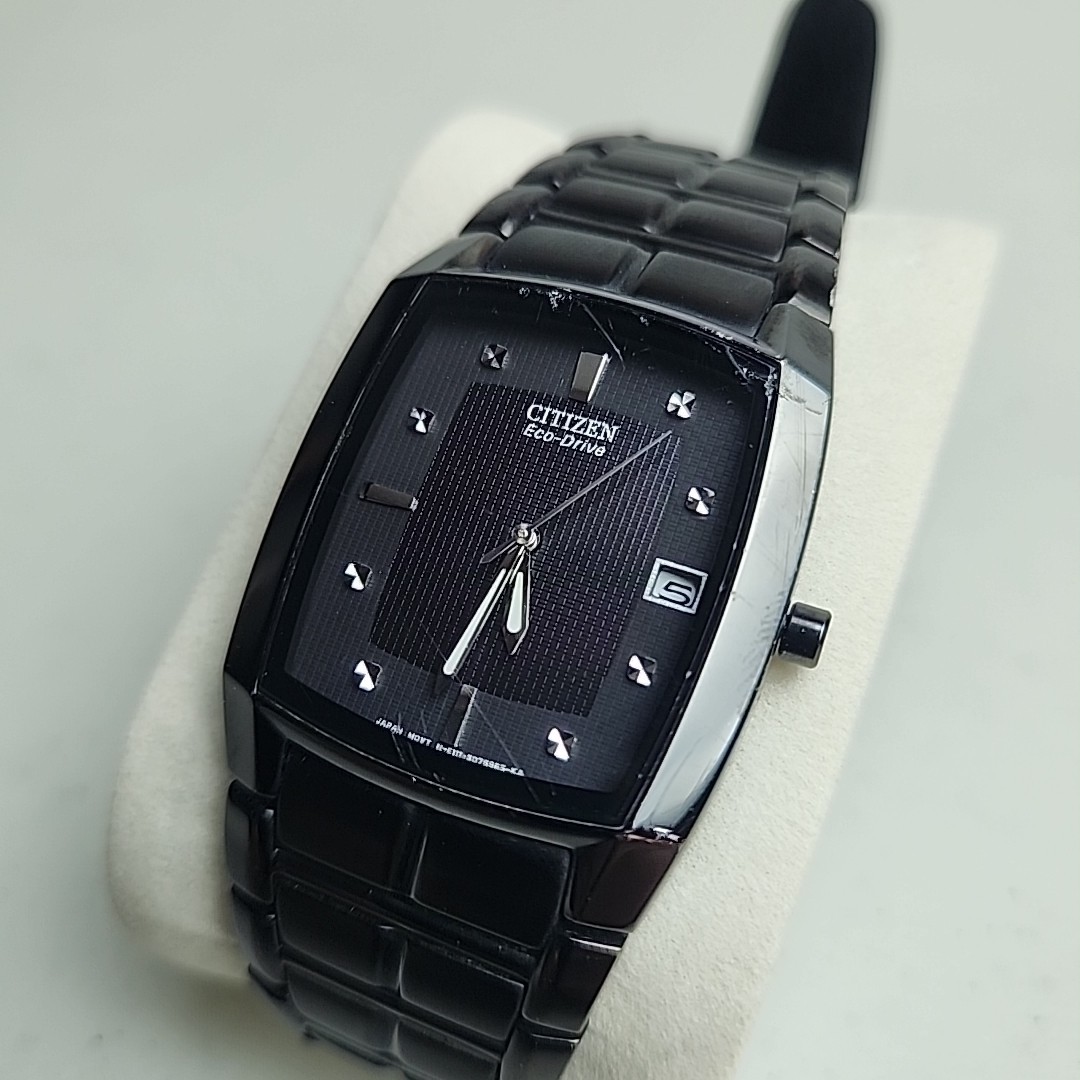 Citizen Eco Drive E111 Men’s Stainless Steel Black Date Dial Watch Working 7.5in