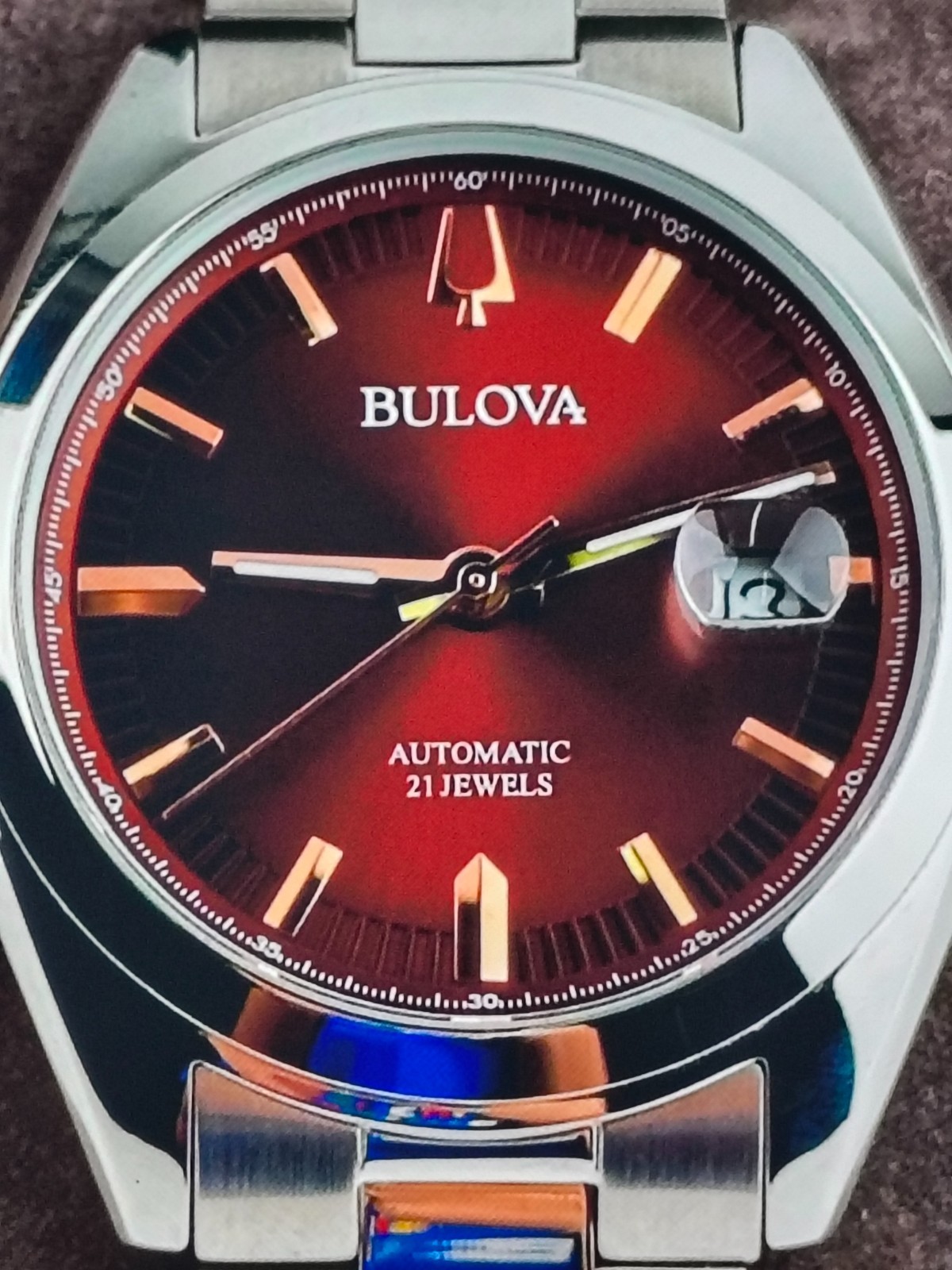 Bulova Surveyor Automatic Watch 39mm Red Dial Stainless Steel Men’s Watch 98B422