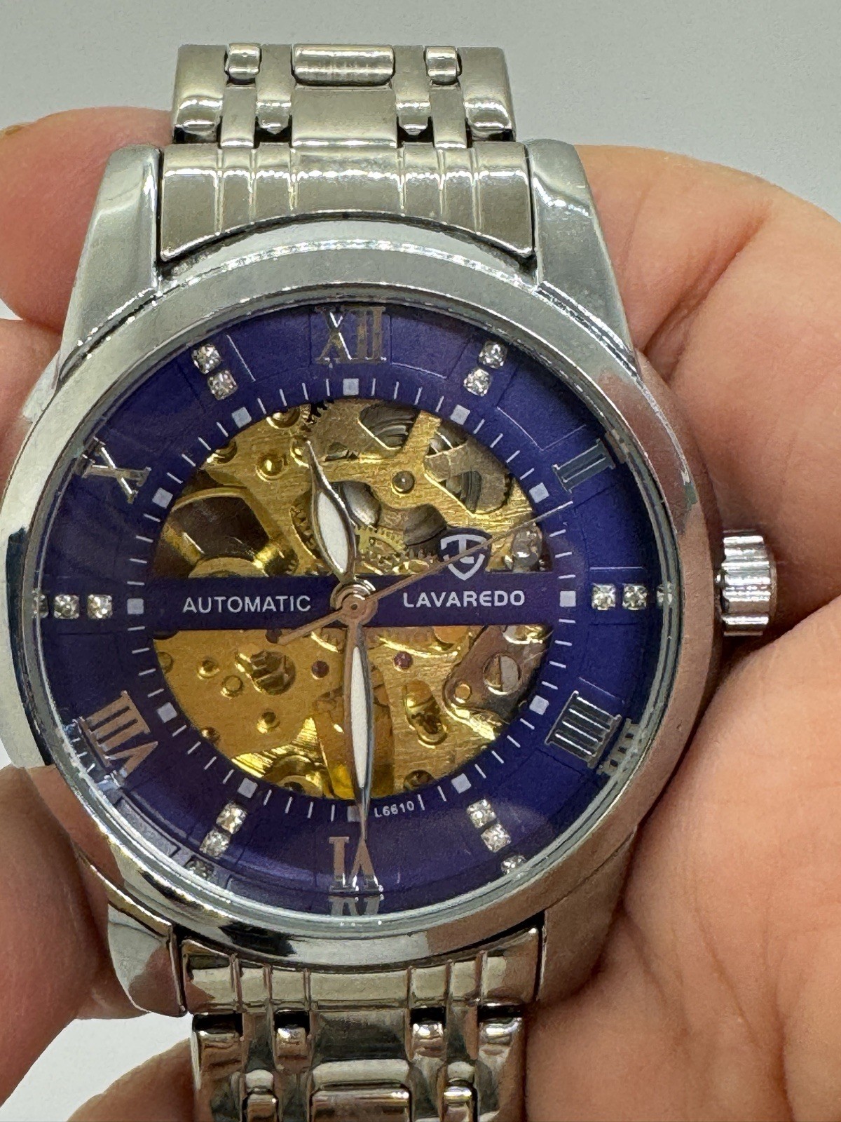 Lavaredo Automatic Diamond Blue Dial Watch Silver Gold Skeleton WR