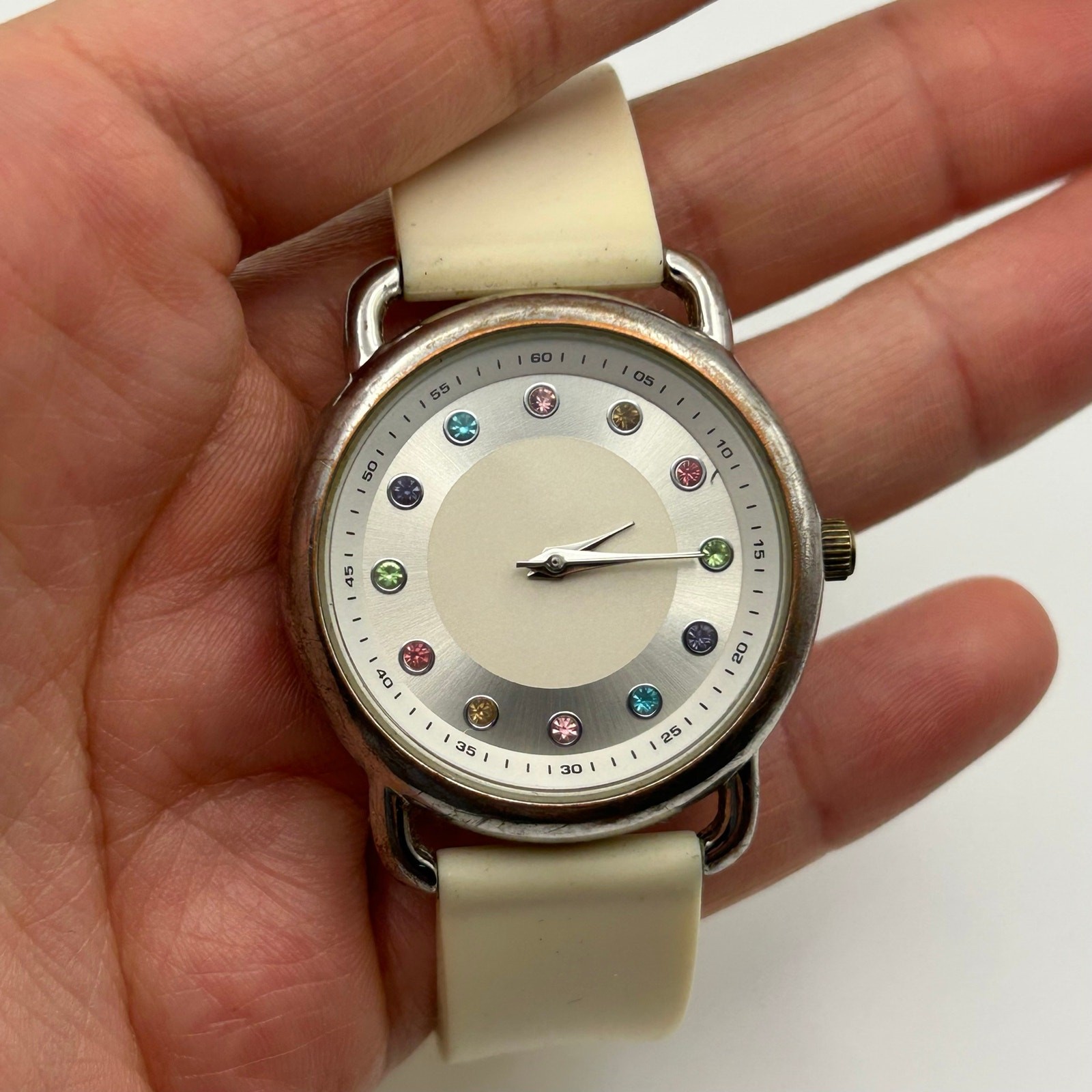 FMD Silver-tone Multi-colored Crystal Dial White Silicon Band Watch New Battery