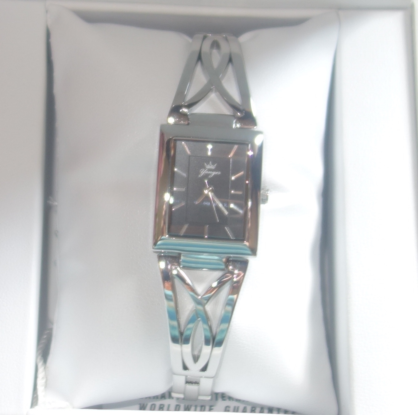 Yonger and Bresson Rectangle Black Dial Steel Quartz Watch DMC 1504/01 new