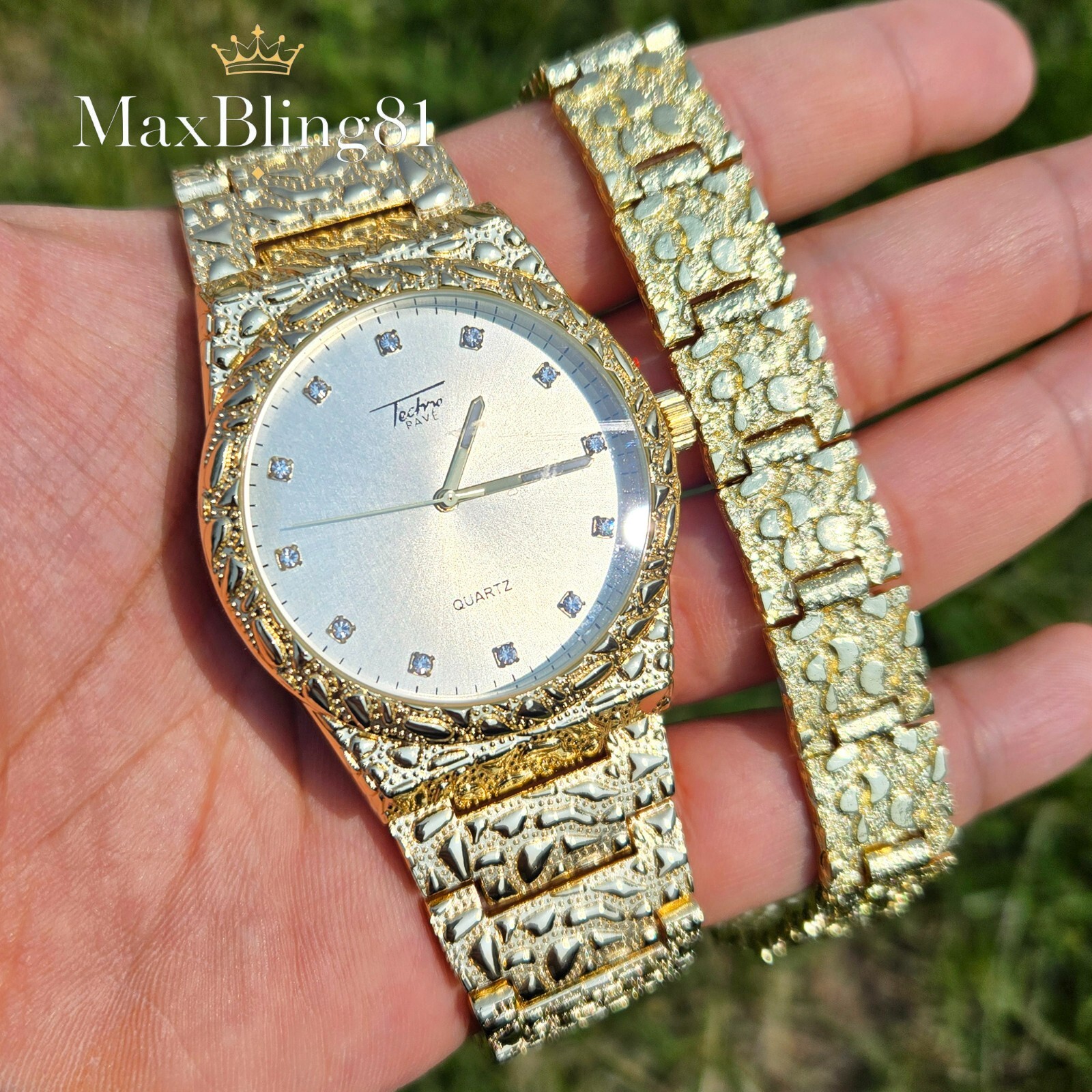 MEN’S ICED HIP HOP GOLD PLATED LUXURY BLING GOLDEN NUGGET WATCH & BRACELET SET