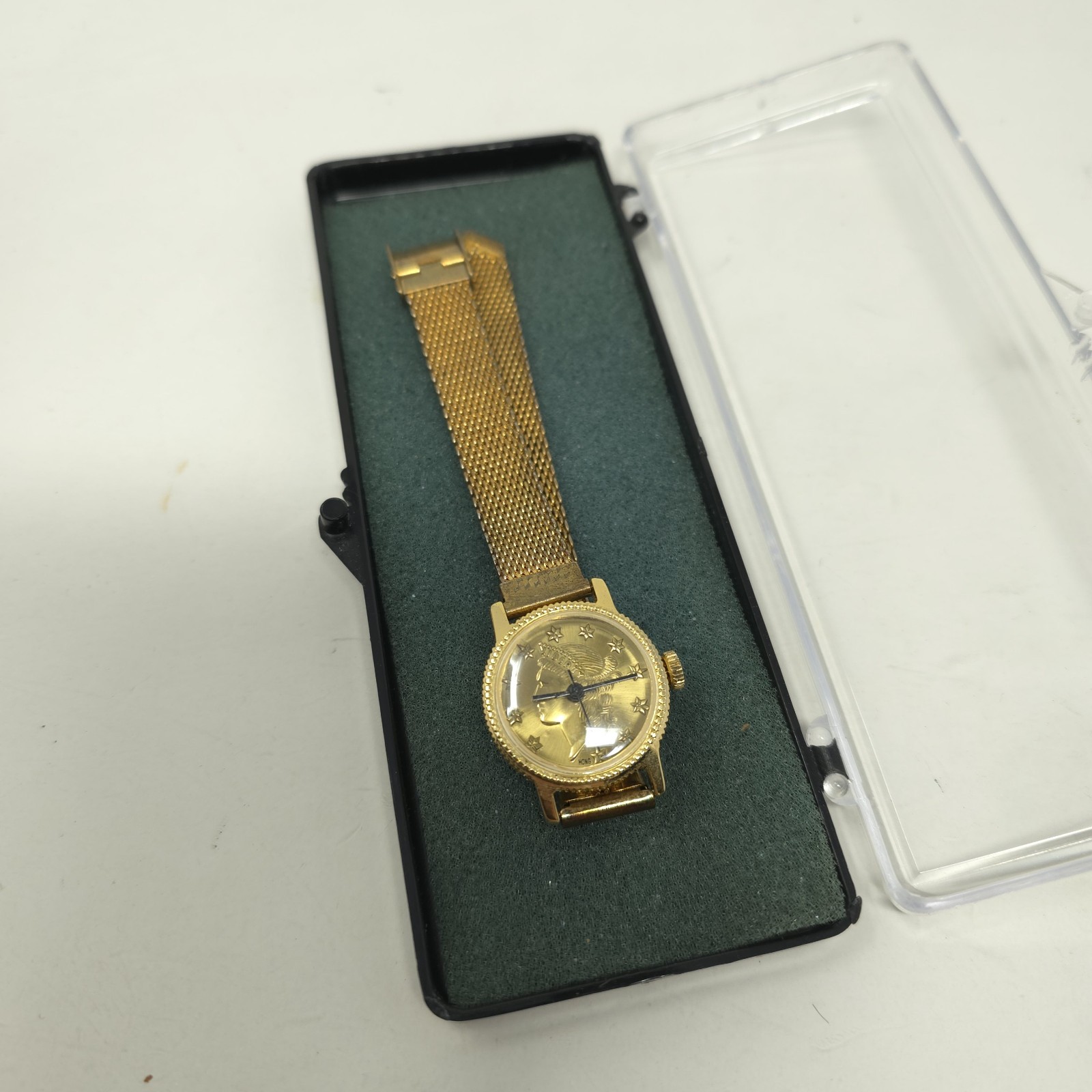 Rare Vintage Fuji Time Men’s Watch Faux Lady Liberty Coin Dial Mechanical Wind