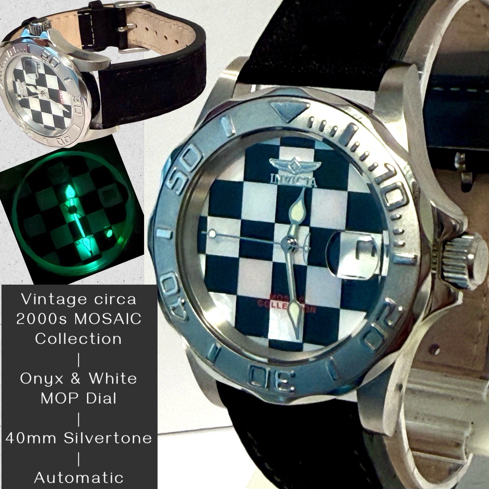 Vintage 2000s MOSAIC | 40mm Auto | Onyx & White MOP Dial | Invicta Mens Watch