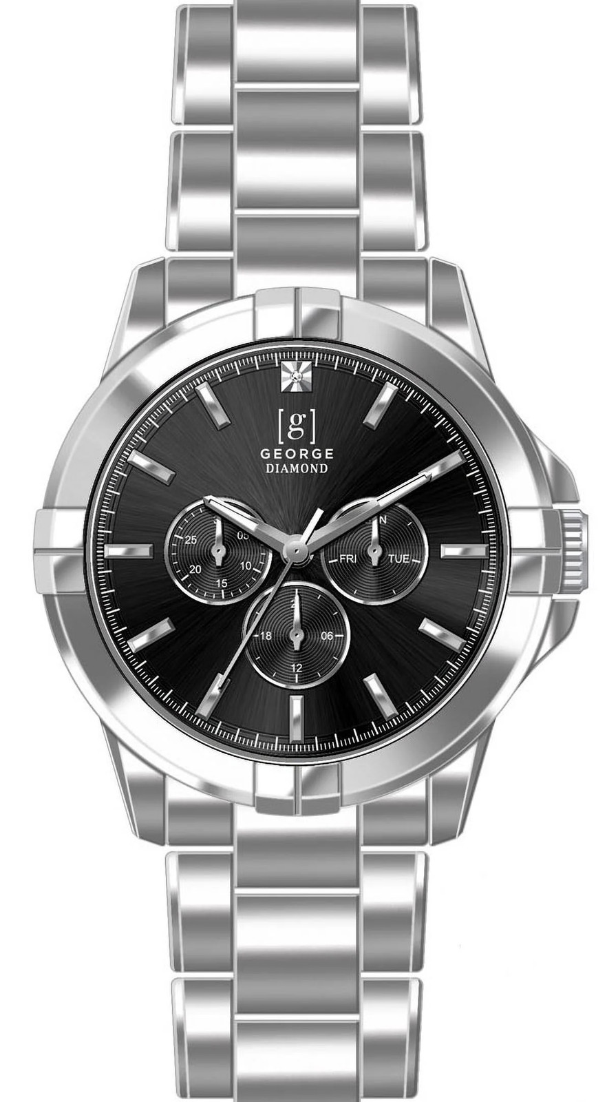 Men’s 41mm Silver Tone Watch Black Dial Genuine Diamond Bracelet