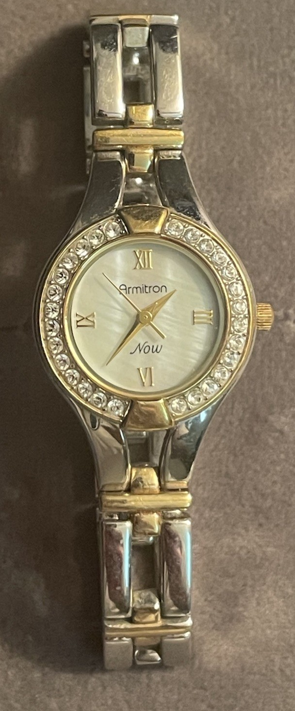 Vintage Armitron Women’s Quartz Two-Tone Bracelet Watch, MOP Dial, Roman Gems