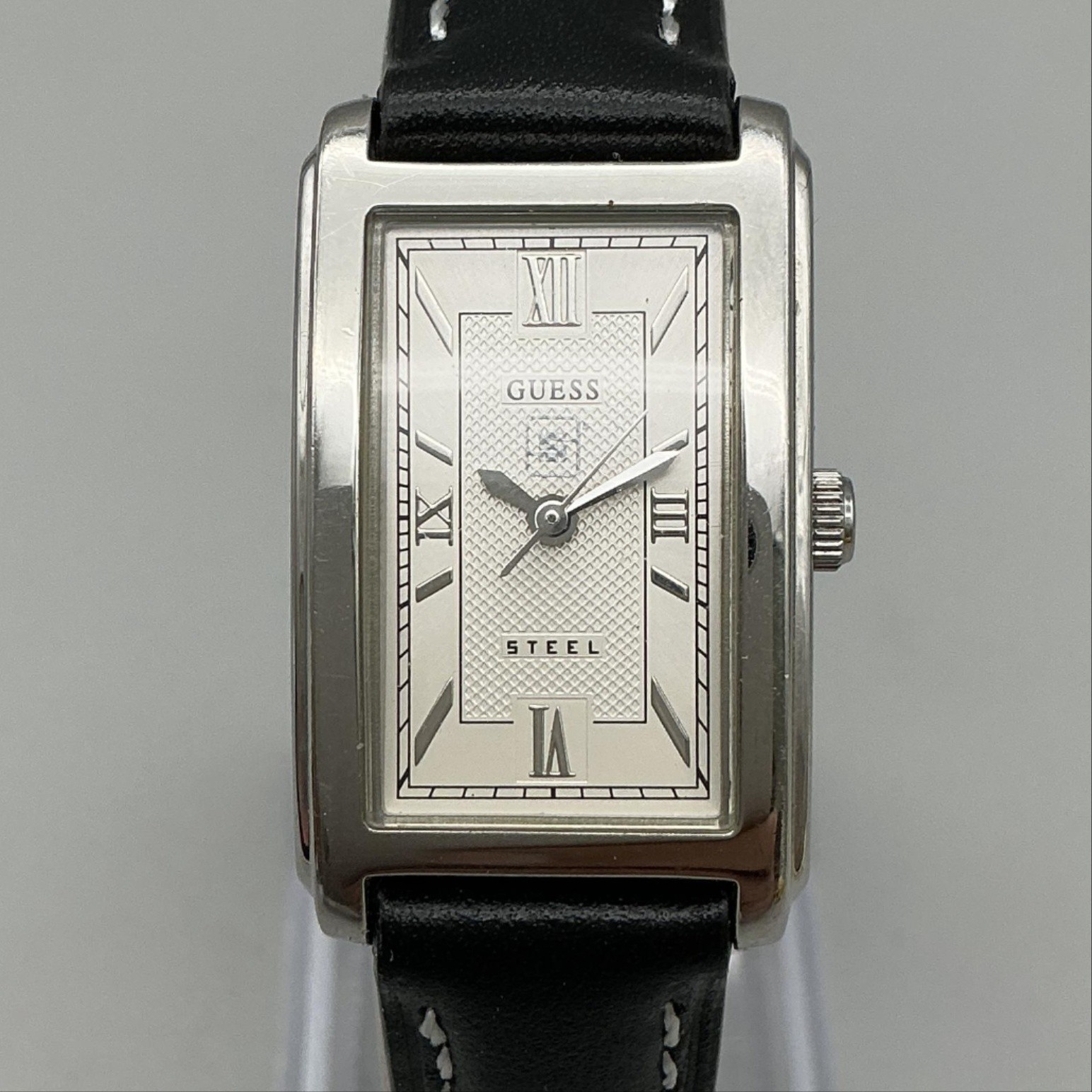 Guess Steel Tank Women Watch 20mm Silver Tone Black Leather Band New Battery