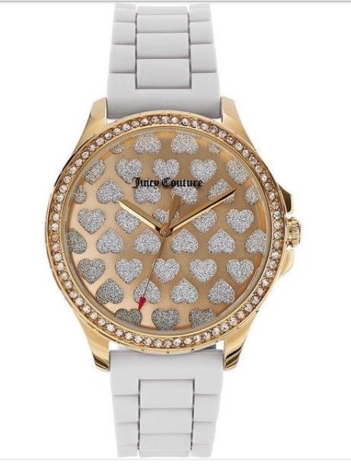 New Juicy Couture Ladies Watch Gwen Gold Crystal Hearts White Silicone Band $195
