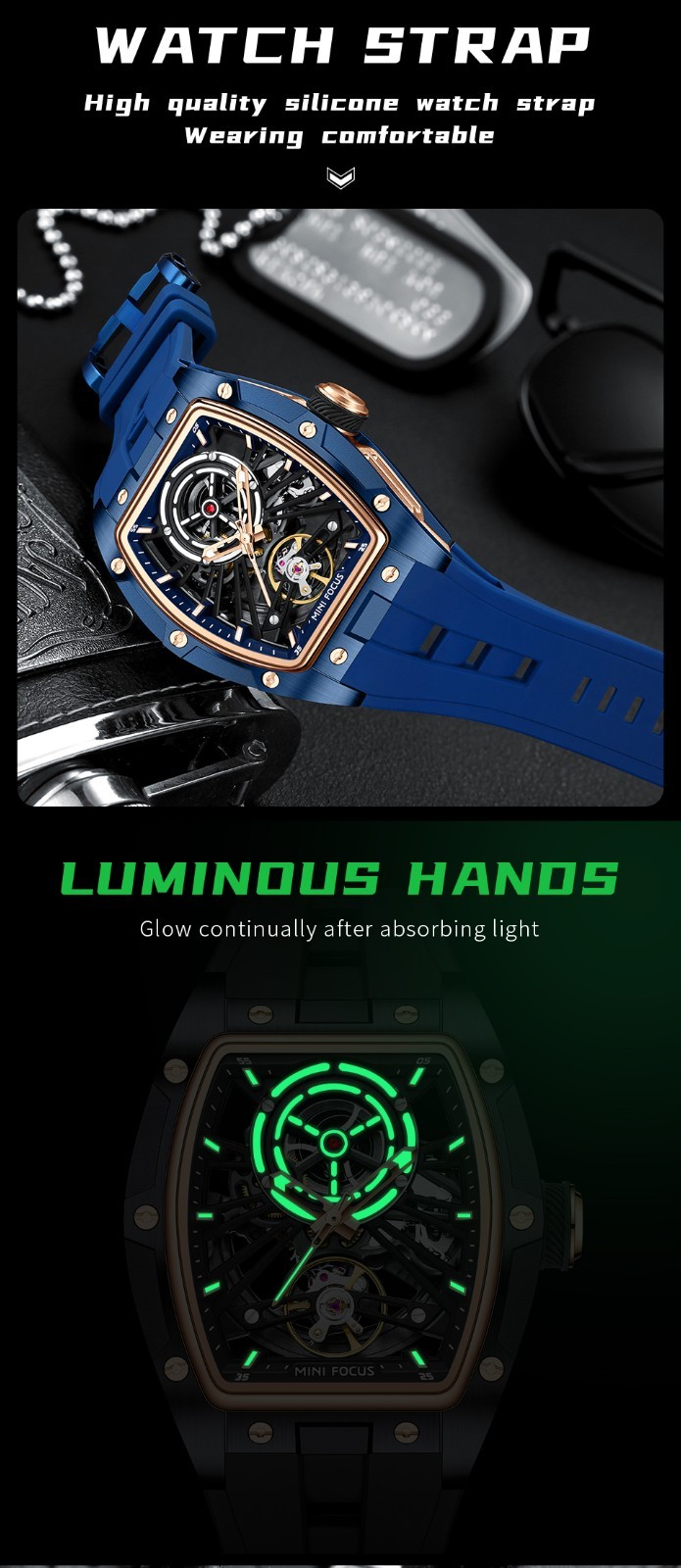 MINI FOCUS Men’s Tonneau Skeleton Flywheel Silicone Automatic Mechanical Watch
