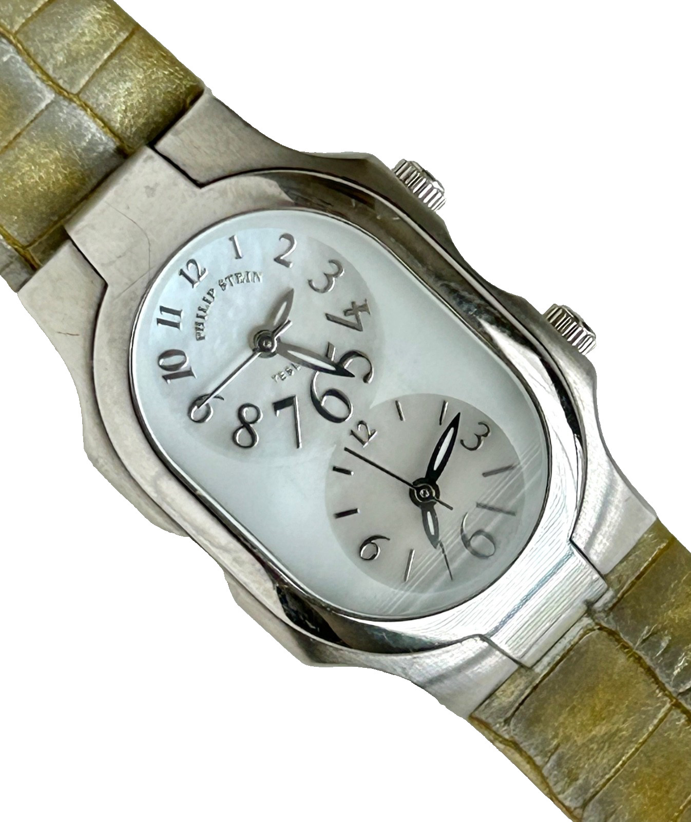 PHILIP STEIN TESLAR WOMENS DUAL TIMEZONE WATCH MOTHER OF PEARL 2 LEATHER BANDS