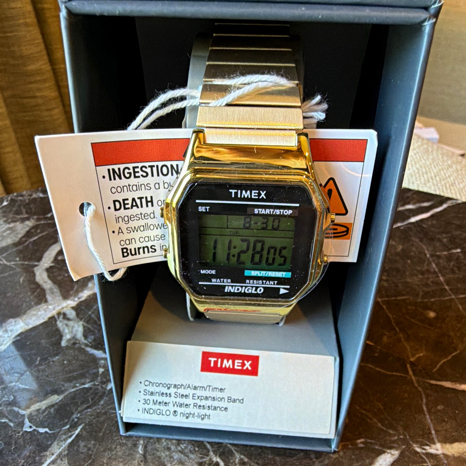 Timex Timecenter Digital Quartz 30m Gold-Tone Case SS Expansion Band w/ Box