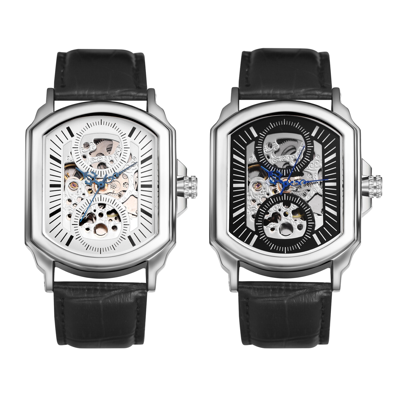 Business Men Square Hollow Automatic Mechanical Genuine Leather Band Wrist Watch