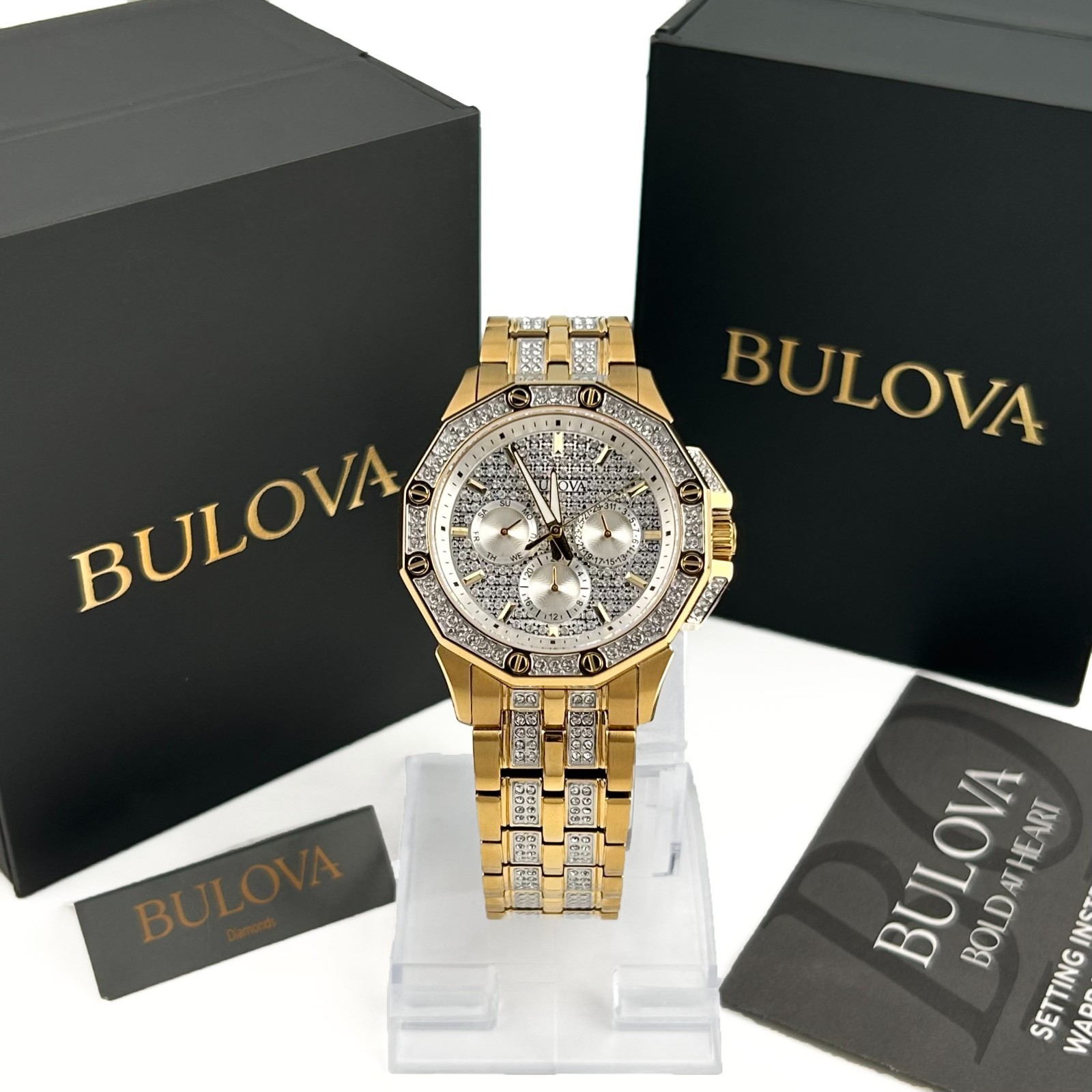Bulova Octava Crystal 98C126 Men’s Quartz Gold Stainless Steel Gemmed Dial 41mm