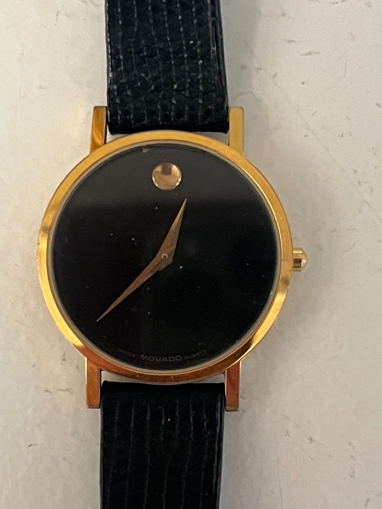 Movado Museum Quartz Swiss Movement Black Dial Gold Plated Case Leather Strap