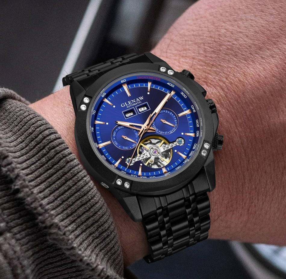 GLENAW men’s automatic mechanical watch skeleton calendar dial luminous hands
