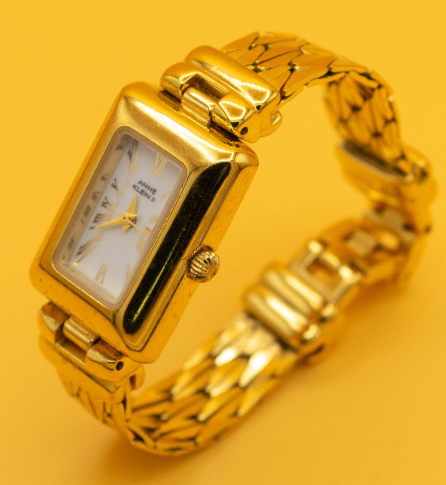 Anne Klein II Gold Tone Rectangular Bracelet Watch White Roman Dial Quartz