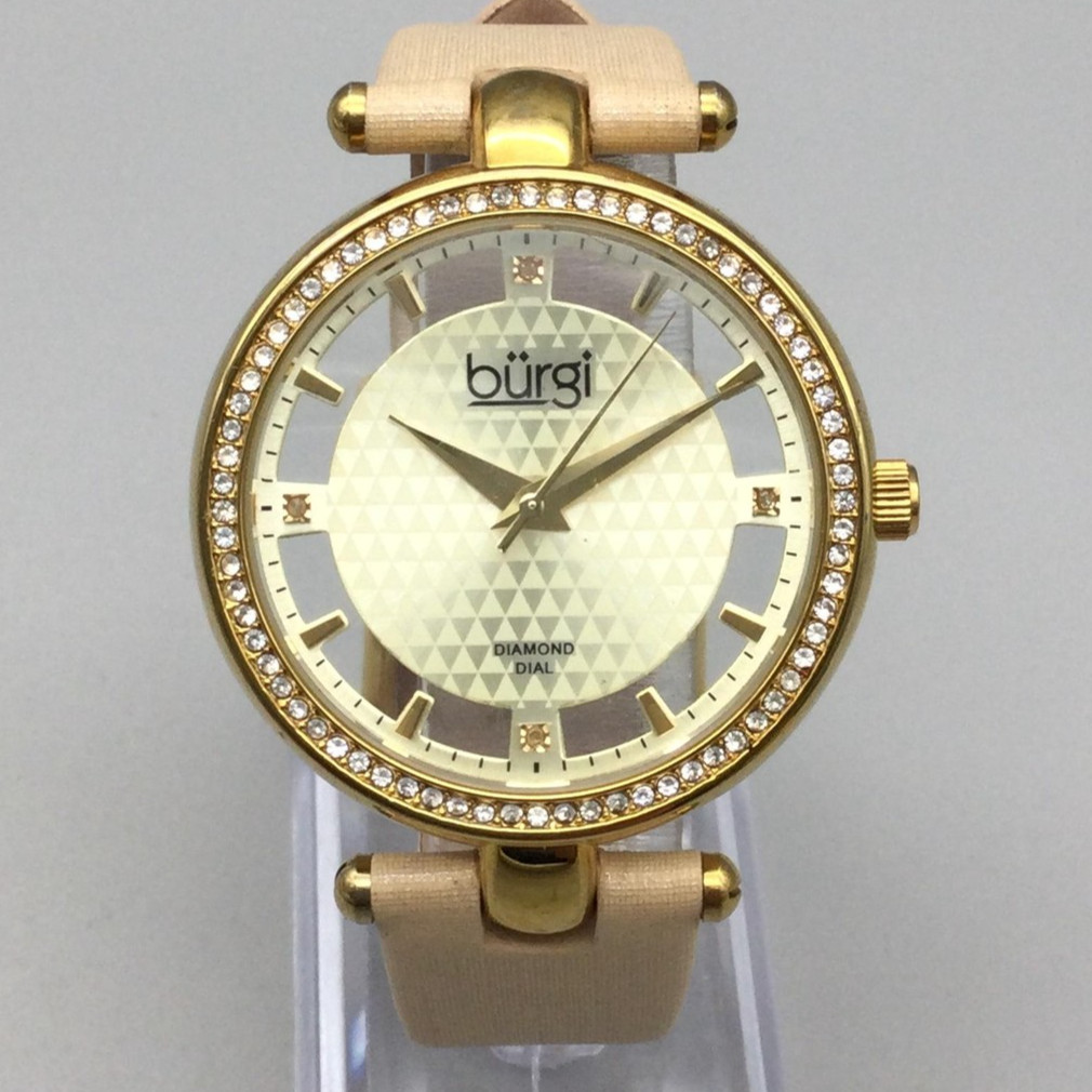 Burgi Women Watch 37mm Champagne Diamond Dial Gold Tone Leather Band New Battery