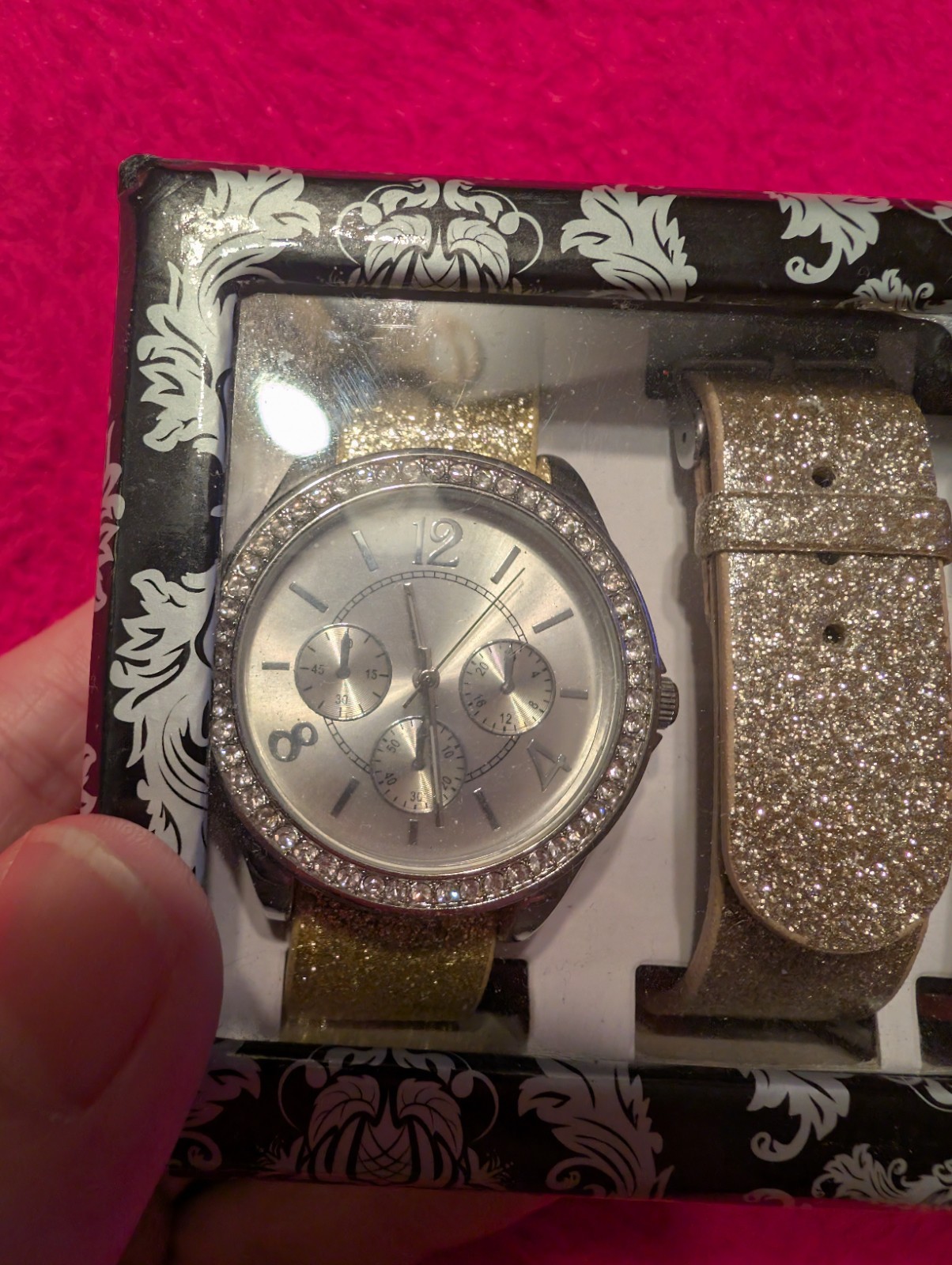 FMD Women’s Interchangeable Watch Gift Set 6 Faux Leather Bands Crystals NEW BOX