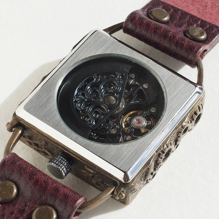 KINO Handmade Watch Automatic Wind Skeleton Mechanic Black Square Wine Brown K 1