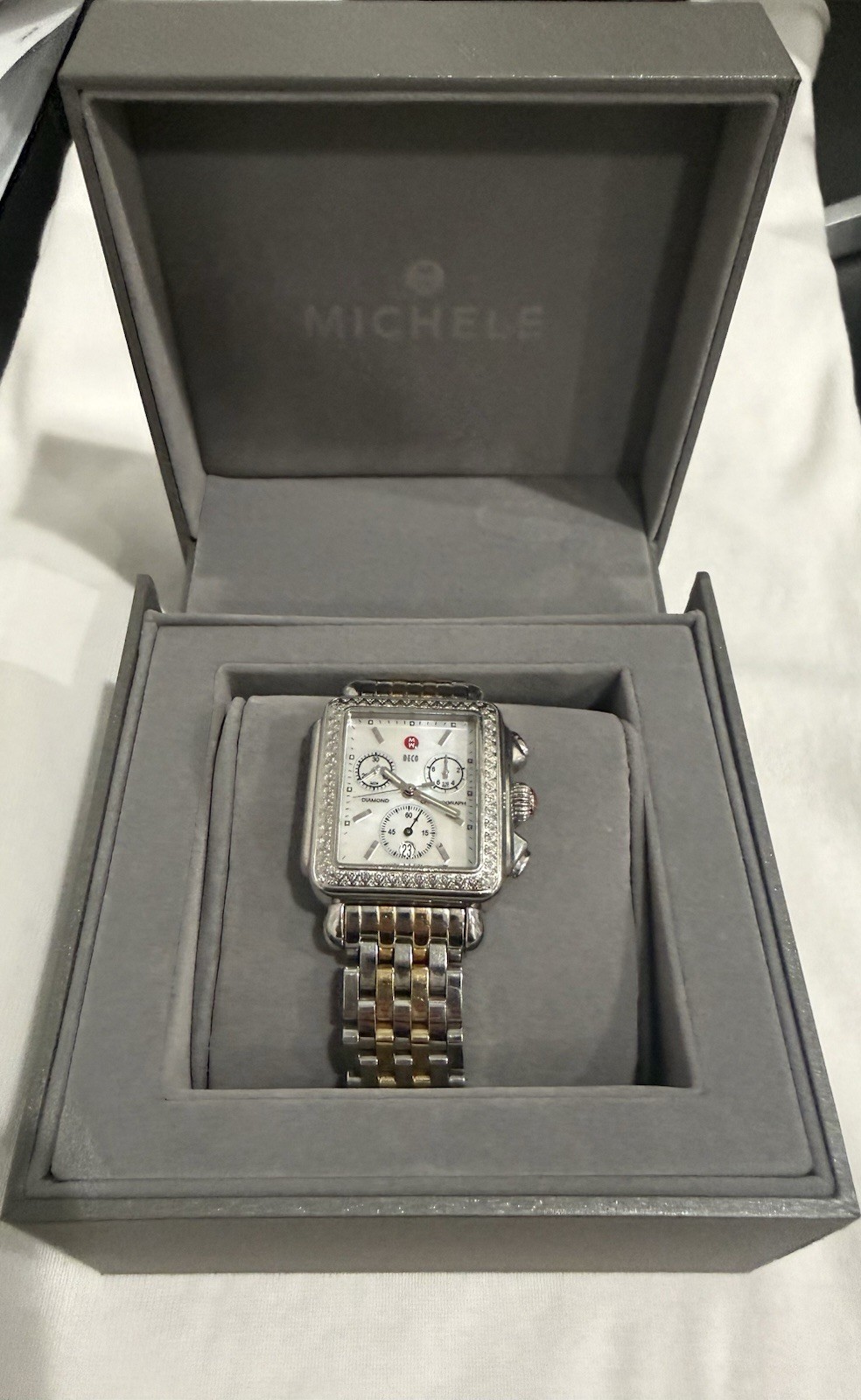 Michele Deco Diamond Chronograph Watch 71-6000 MOP Box Bands Links Complete Set
