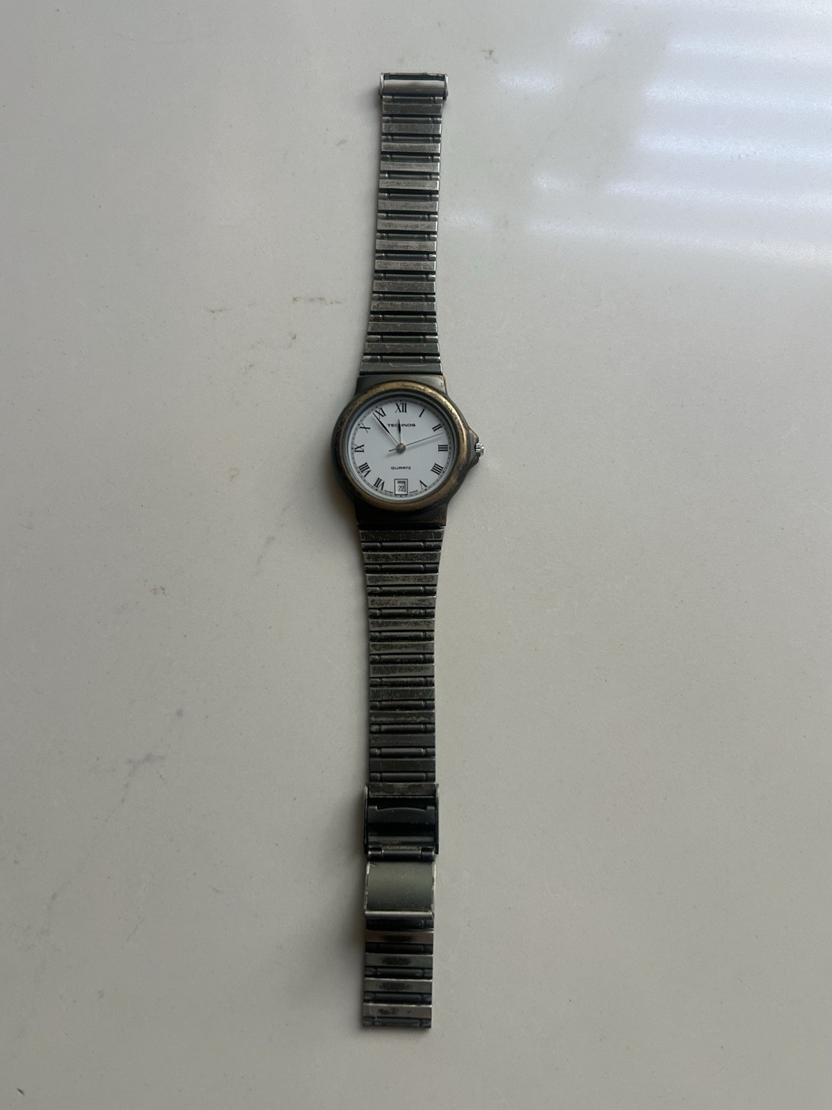 VINTAGE MEN’S TECHNOS ROMAN NUMERALS DATE ATM STAINLESS STEEL WRIST WATCH