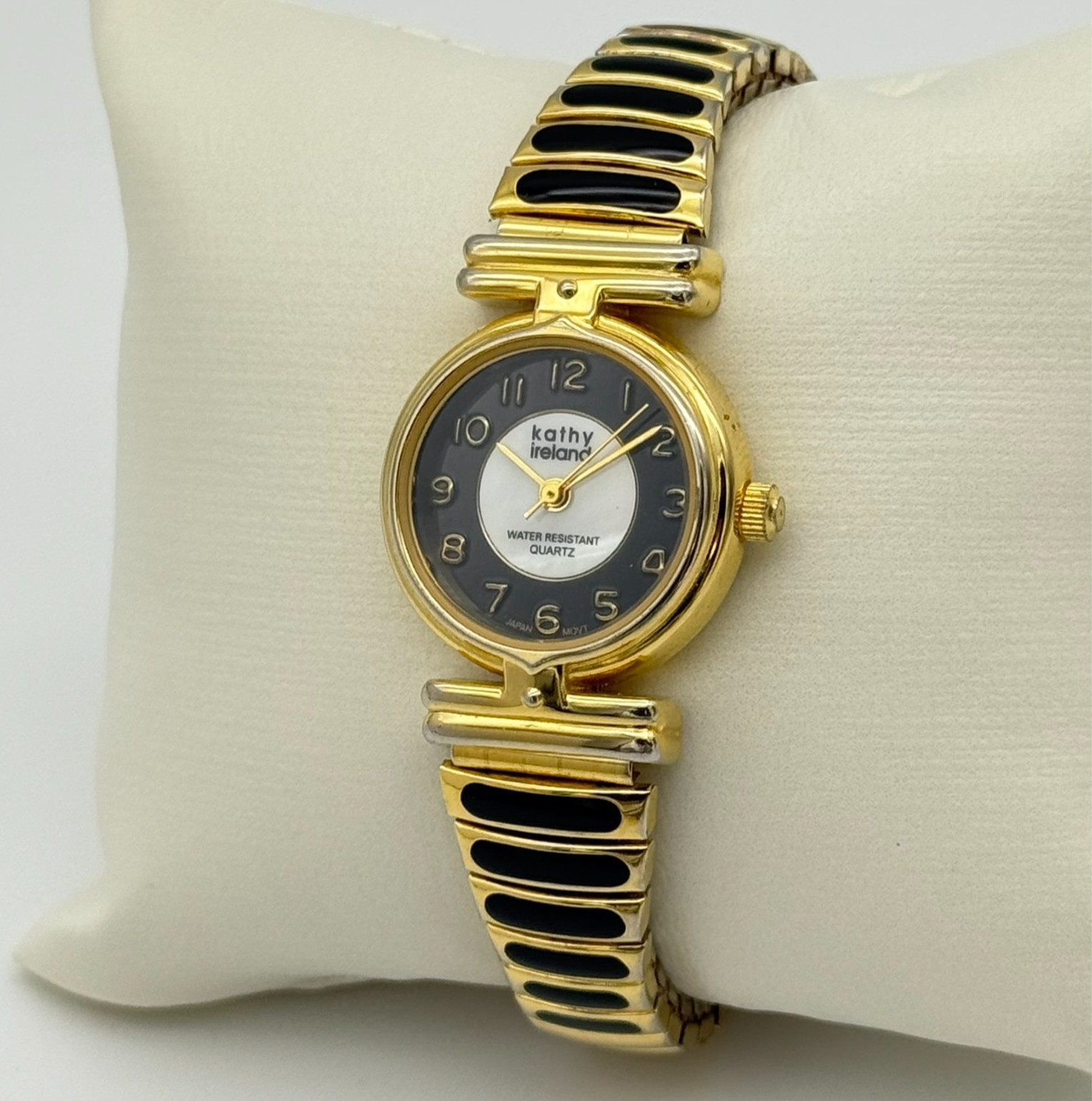 Ladies 1990s KATHY IRELAND Gold & Black Tone Flex Bracelet Watch, 23mm, Runs