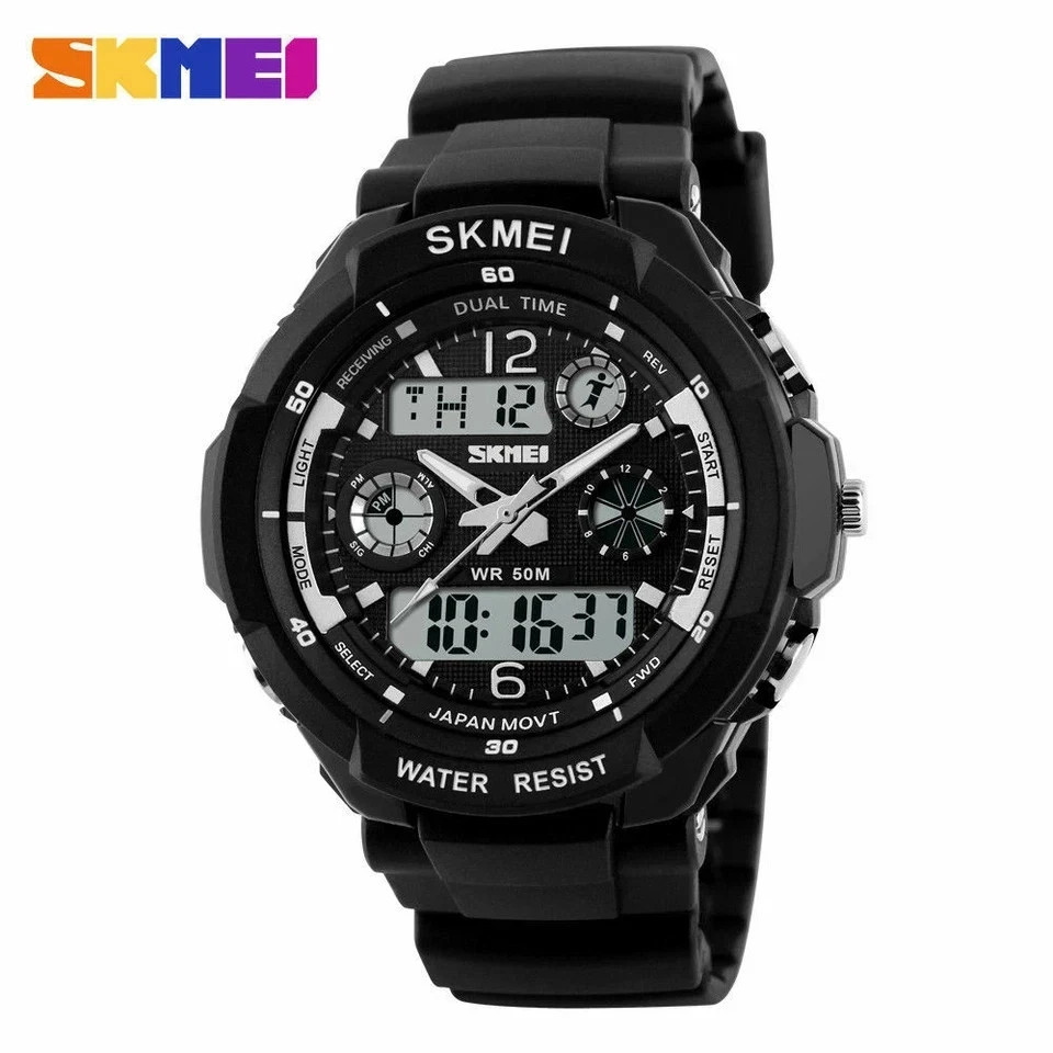 SKMEI Men’s Waterproof Sport Army Alarm Date Analog Digital Black Wrist Watch