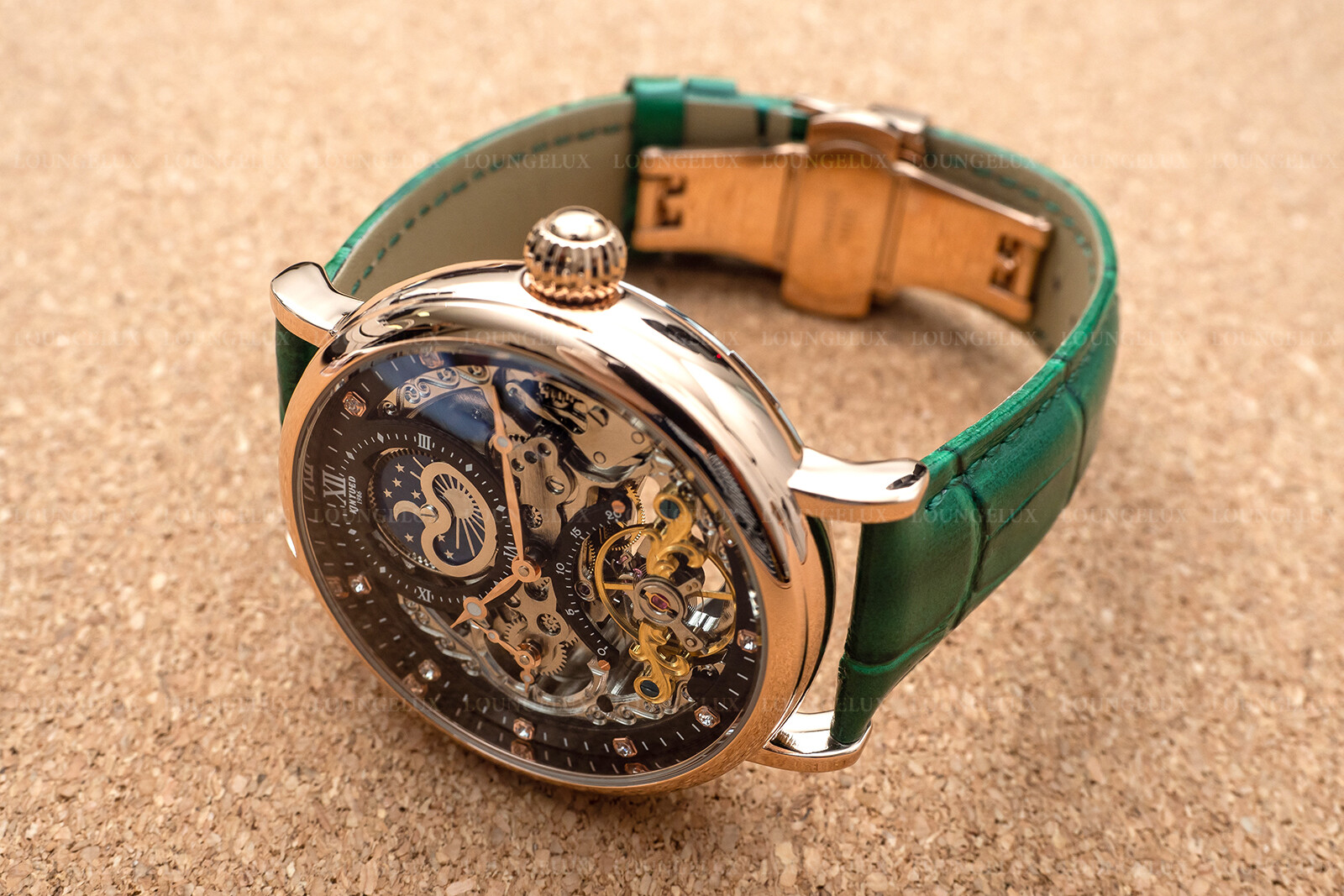 Mens Dual Time Automatic Mechanical Skeleton Watch Rose Gold Green Leather