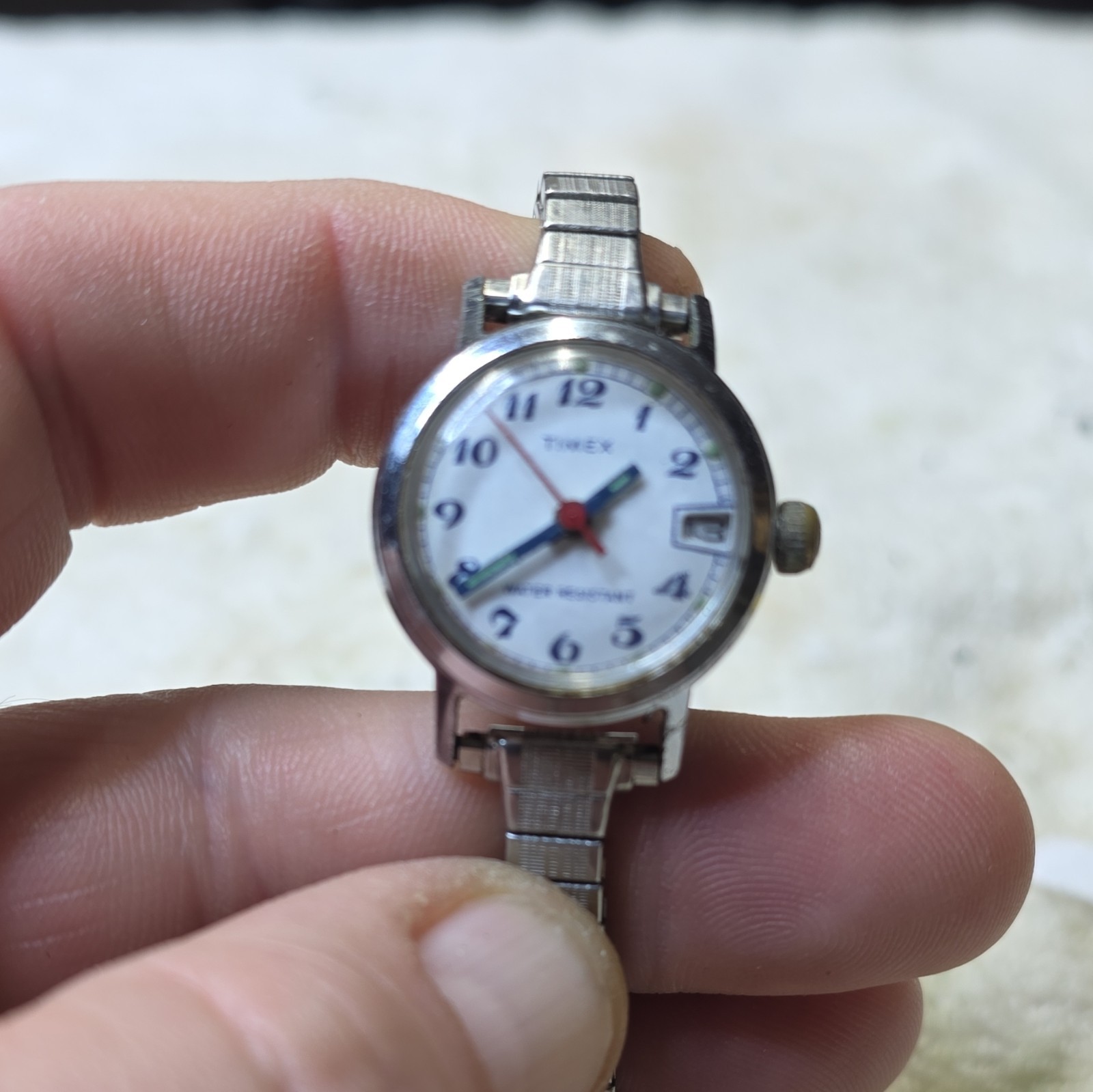 Timex Women Quartz Analog Watch White Dial Date Silver Stretch Band For Parts