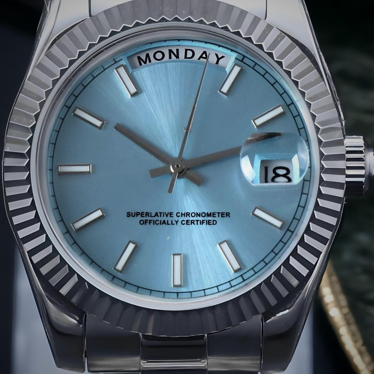 Custom Built – Ice Blue Day-Date Style NH35 Japanese Movement Fluted Watch