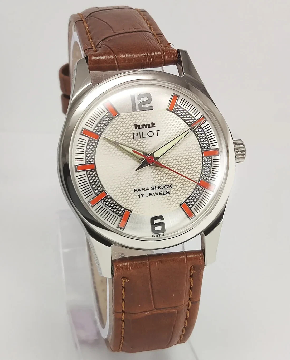HMT Pilot Pearl Dial 17 Jewels Mechanical Handwinding Skeleton Back Wrist Watch