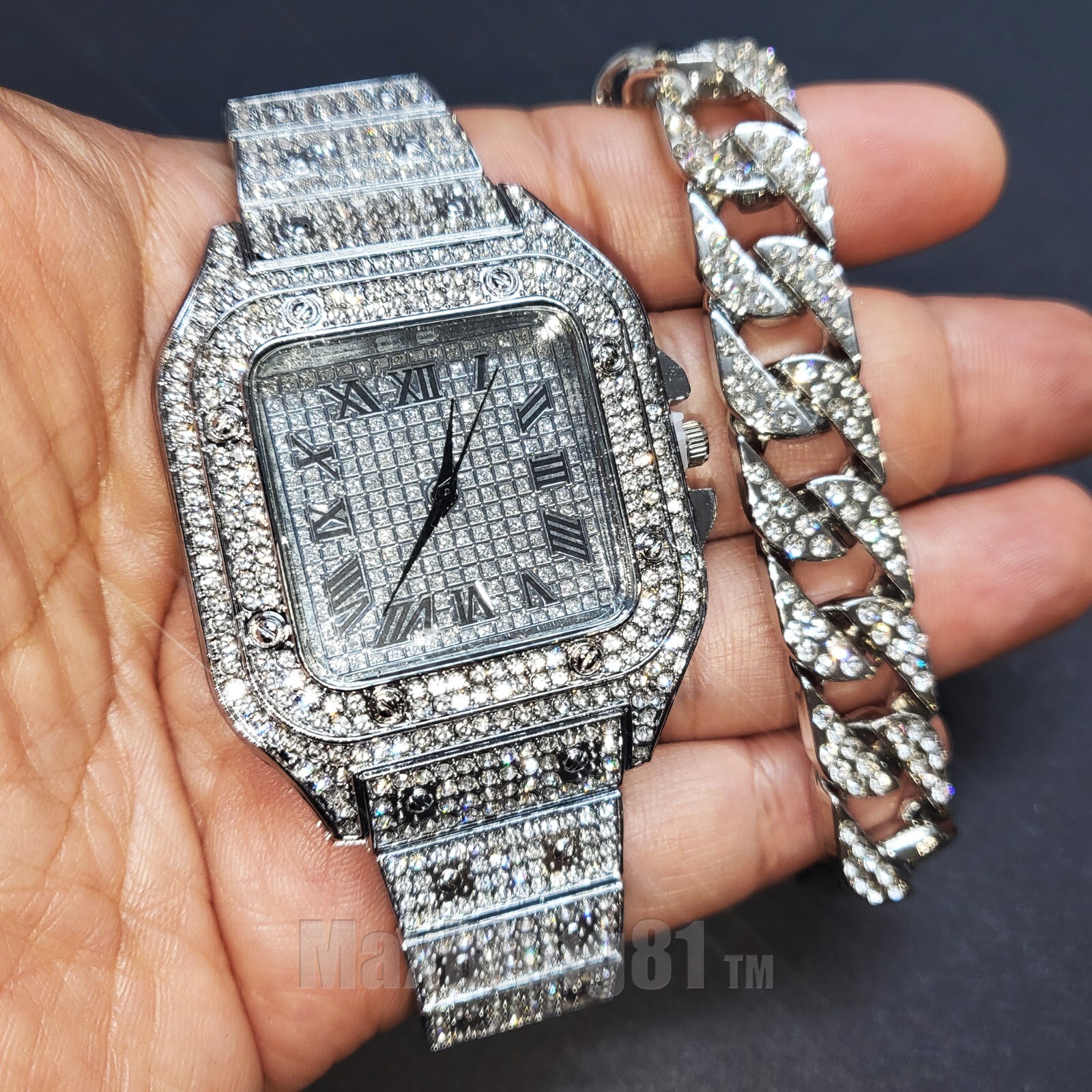 Men Square Watch Hip Hop Silver Simulated Diamond Full Iced Cuban Bracelet Gift