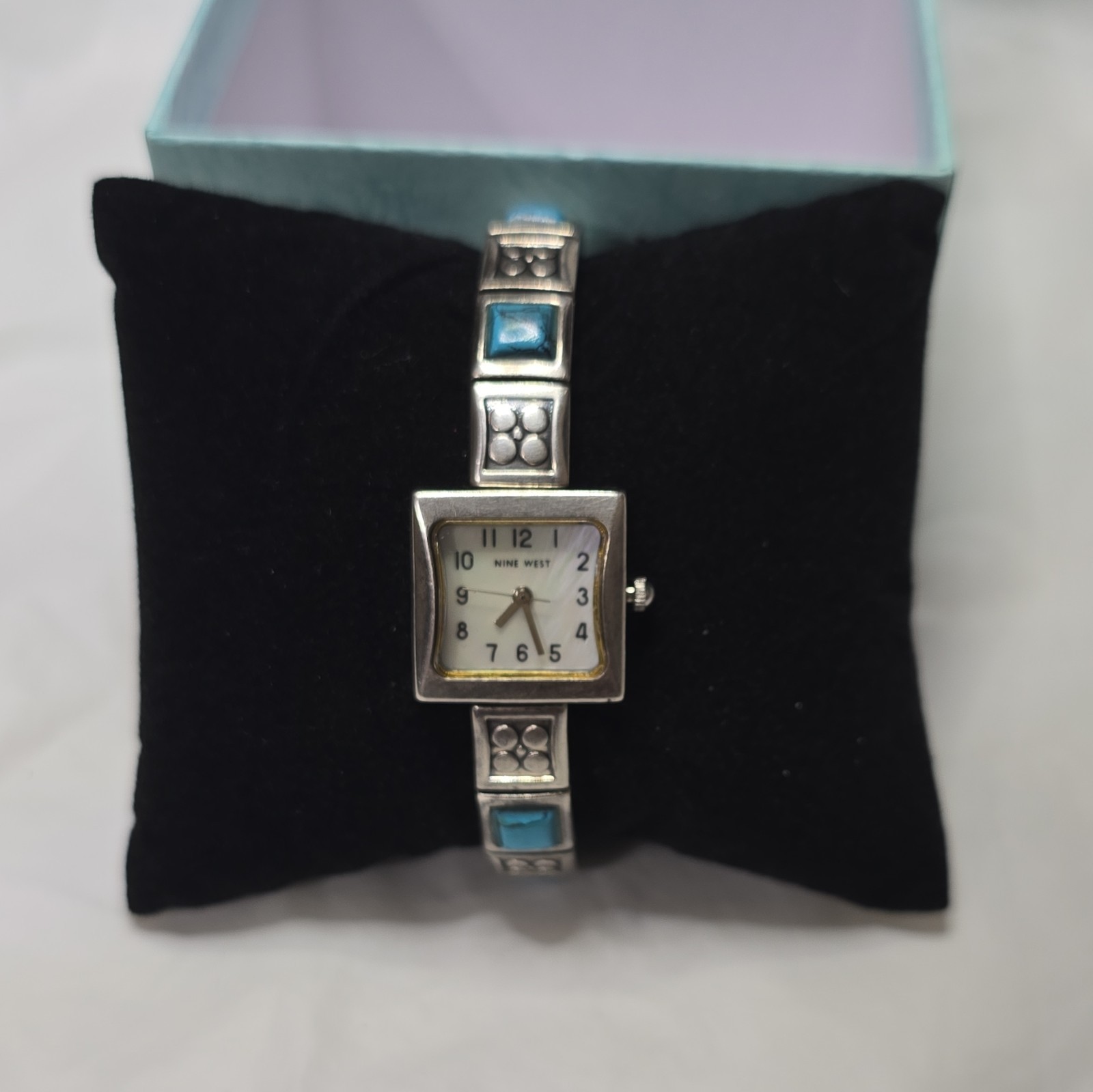 Nine West Women’s Quartz Square White Dial Silver Bracelet Blue Accents Box