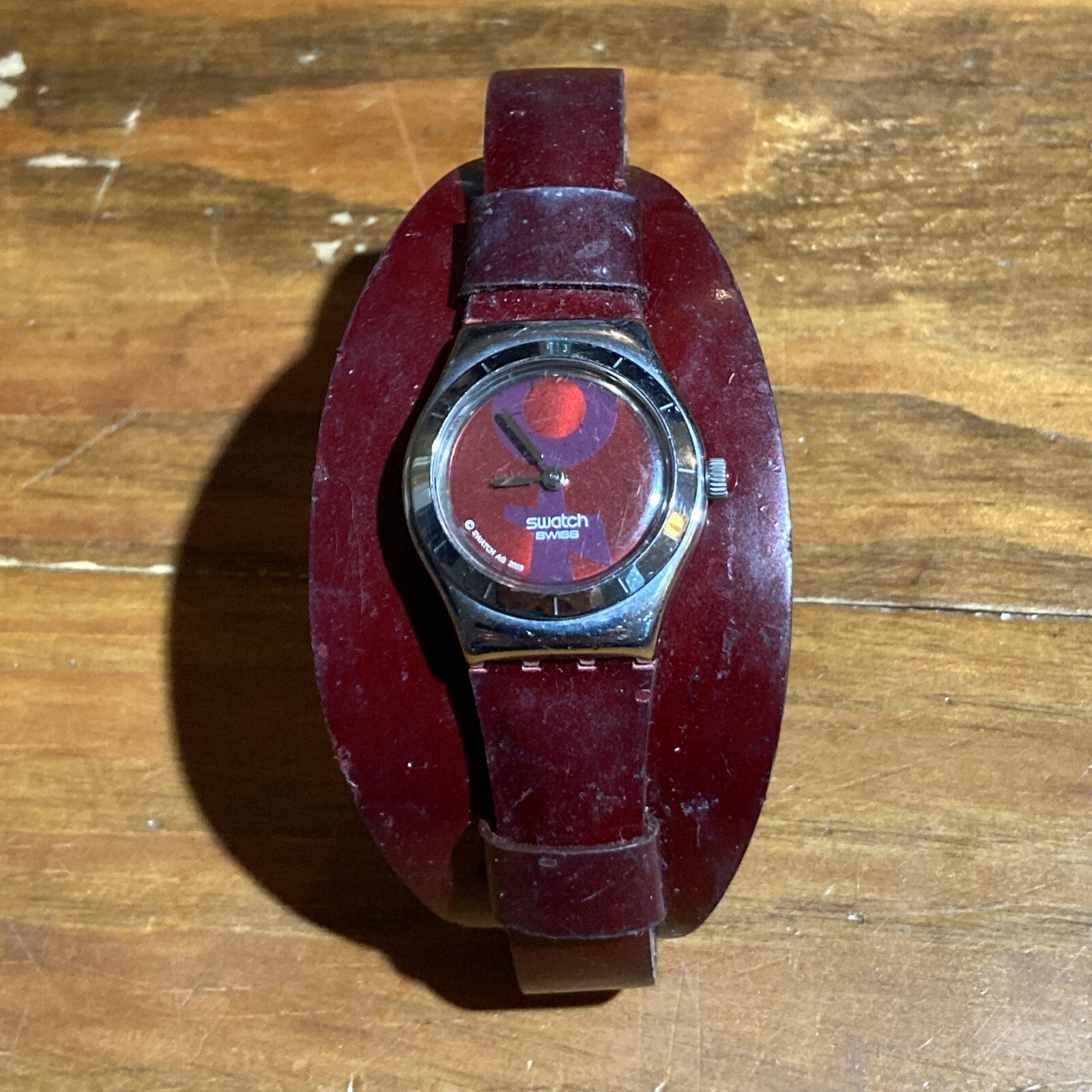 Swatch Irony Womans Watch Dark Red Leather Swiss Made 2003 Works w New Battery