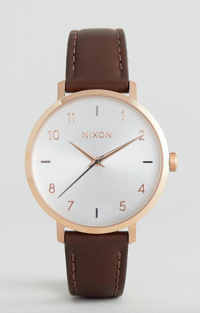 Nixon Arrow Rose Gold & Silver Watch, Brown Leather Strap, 38mm, A1091 2369, NIB