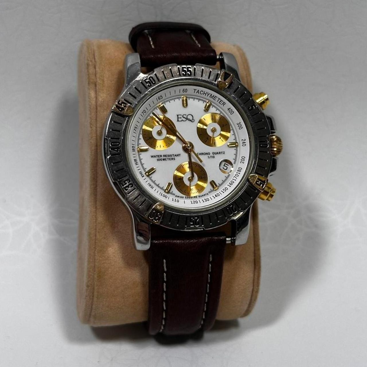 ESQ Esquire Movado 300194 Chronograph Watch Brown Leather Swiss Men Untested