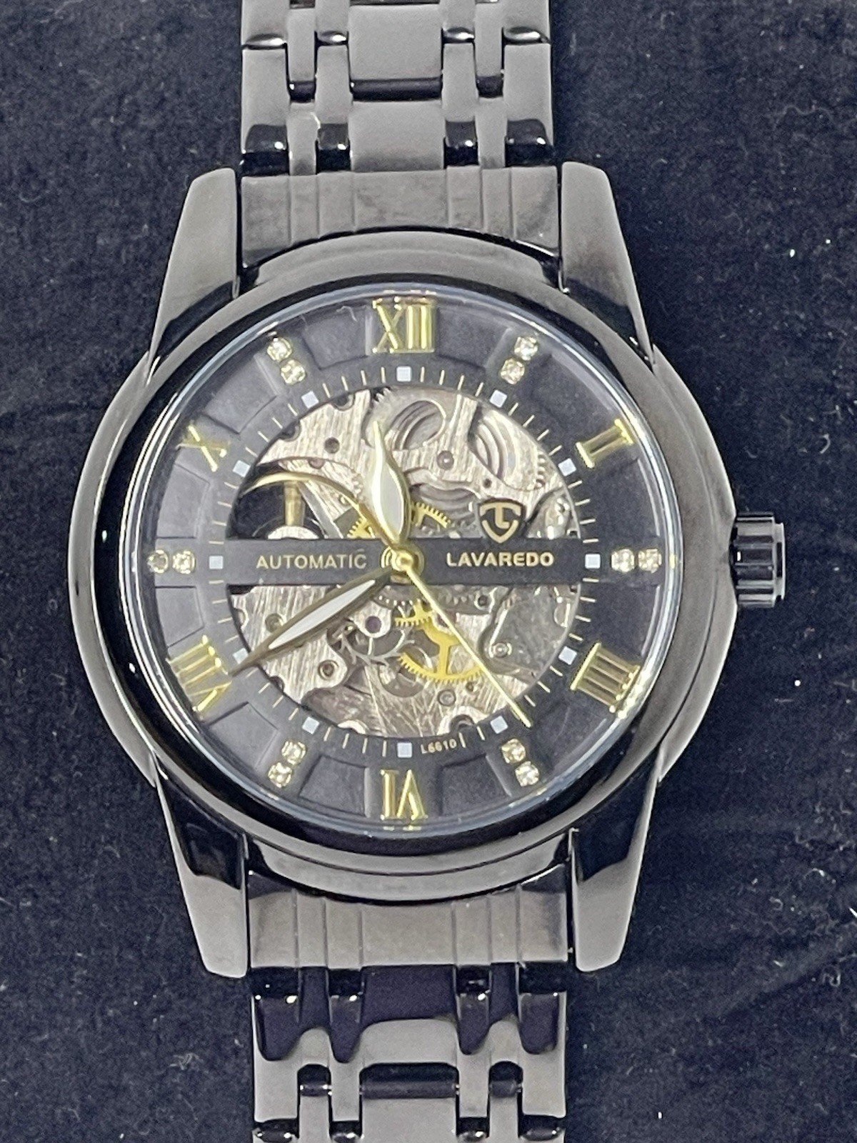 LAVAREDO Mens Black Skeleton Automatic Mechanical Watch Clear 42mm Round L6610