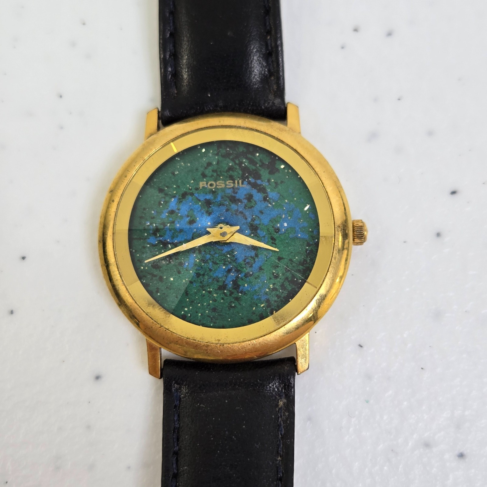 Fossil PC-7306 Round Womens Watch Quartz 35mm Blue Green Gold Black Faceted