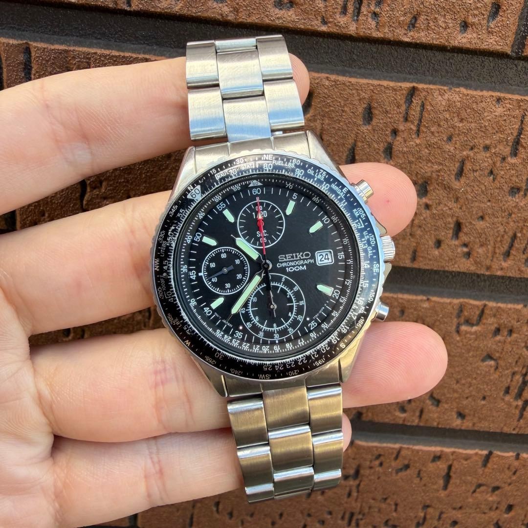 SEIKO 7T92-0CF0 Quartz Chronograph Dark Gray Dial Slide Rule 100m Watch 40mm