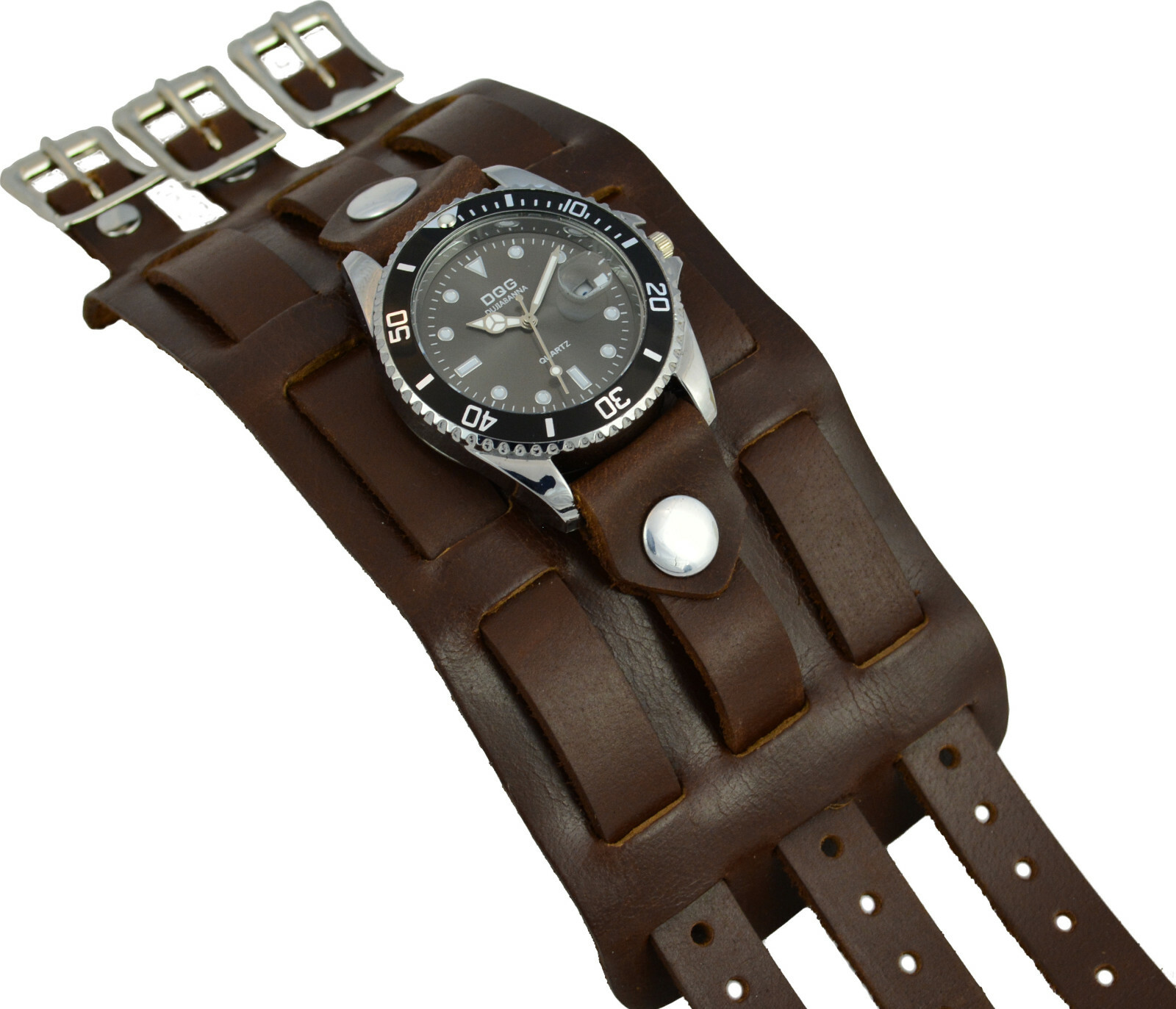 CuffWatches – Brown Leather Cuff Watch; 3 Strap; Diver; Handmade in USA