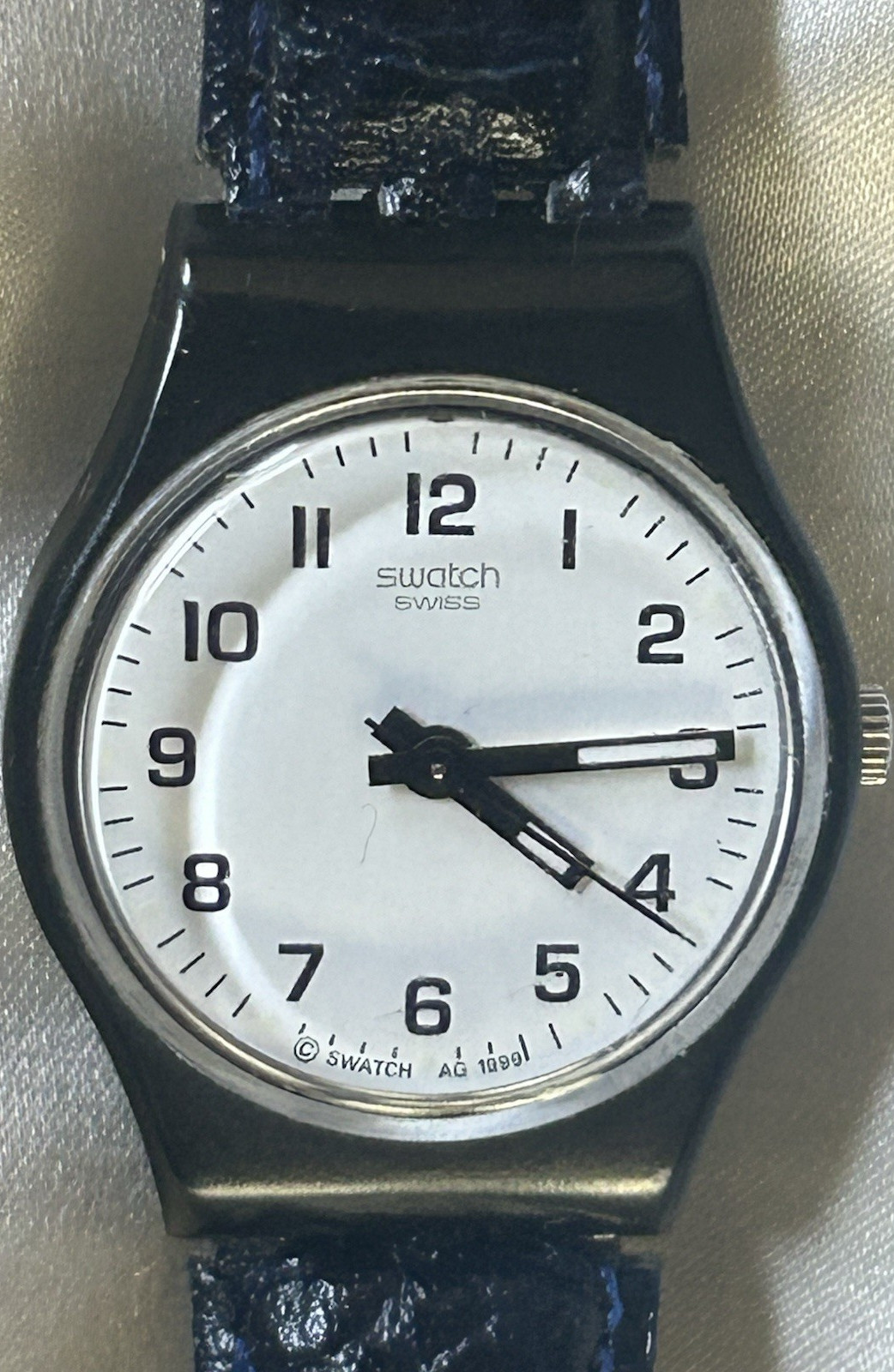 Swatch Swiss LB153 Quartz Watch White Dial Black Plastic Case Blue Leather