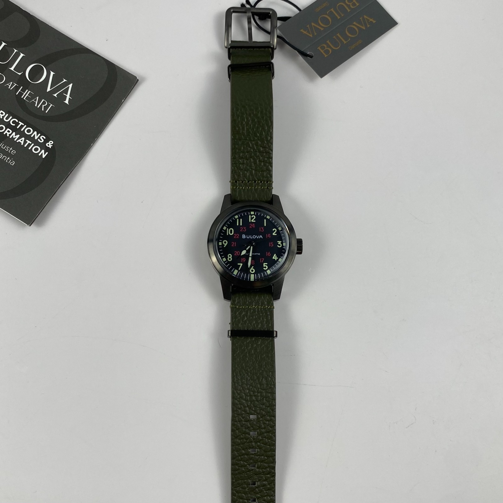 Bulova 98A255 Military Hack Automatic Men’s Watch Black Dial Green Leather Strap